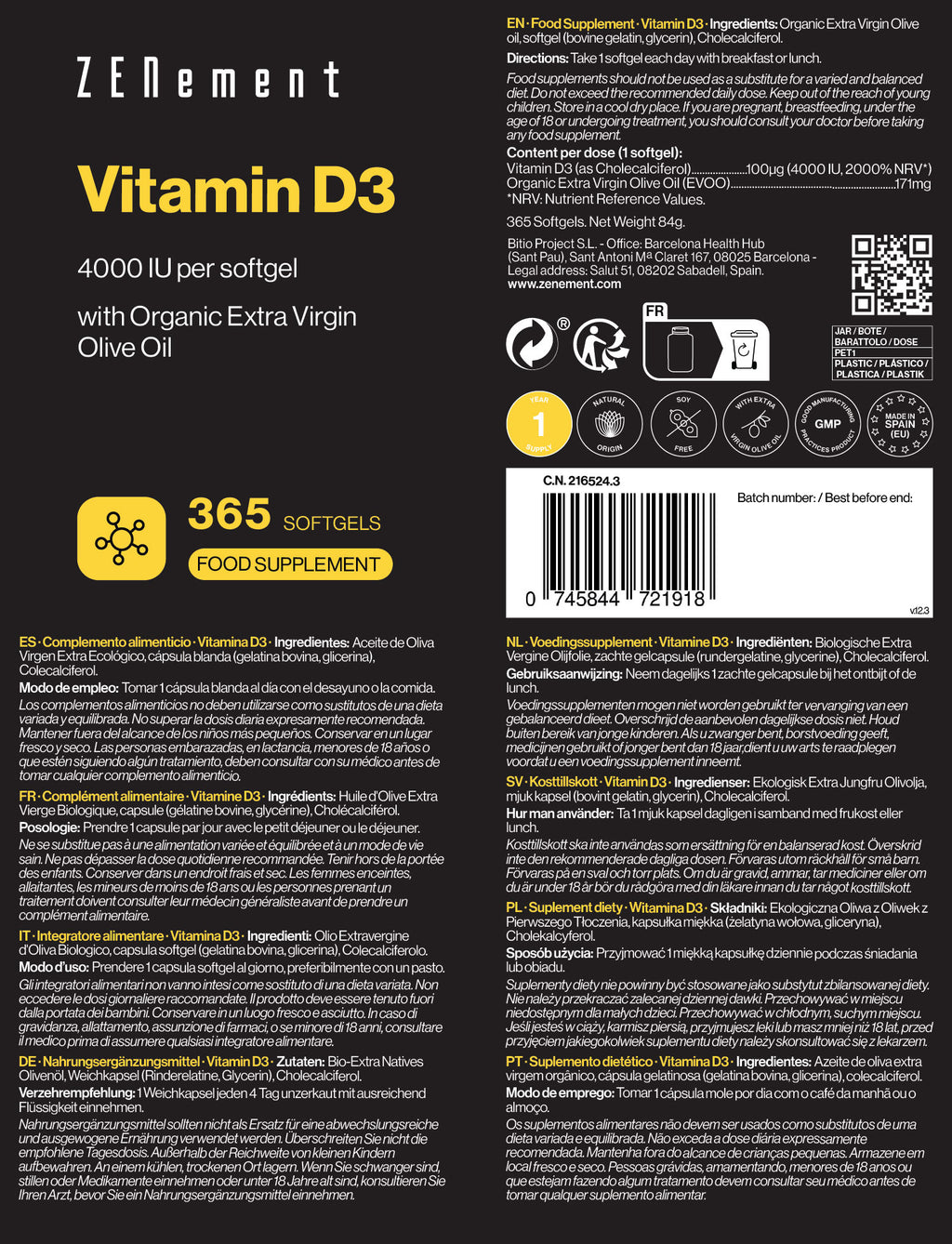 Vitamine D3 4000 UI par softgel - 365 Capsules