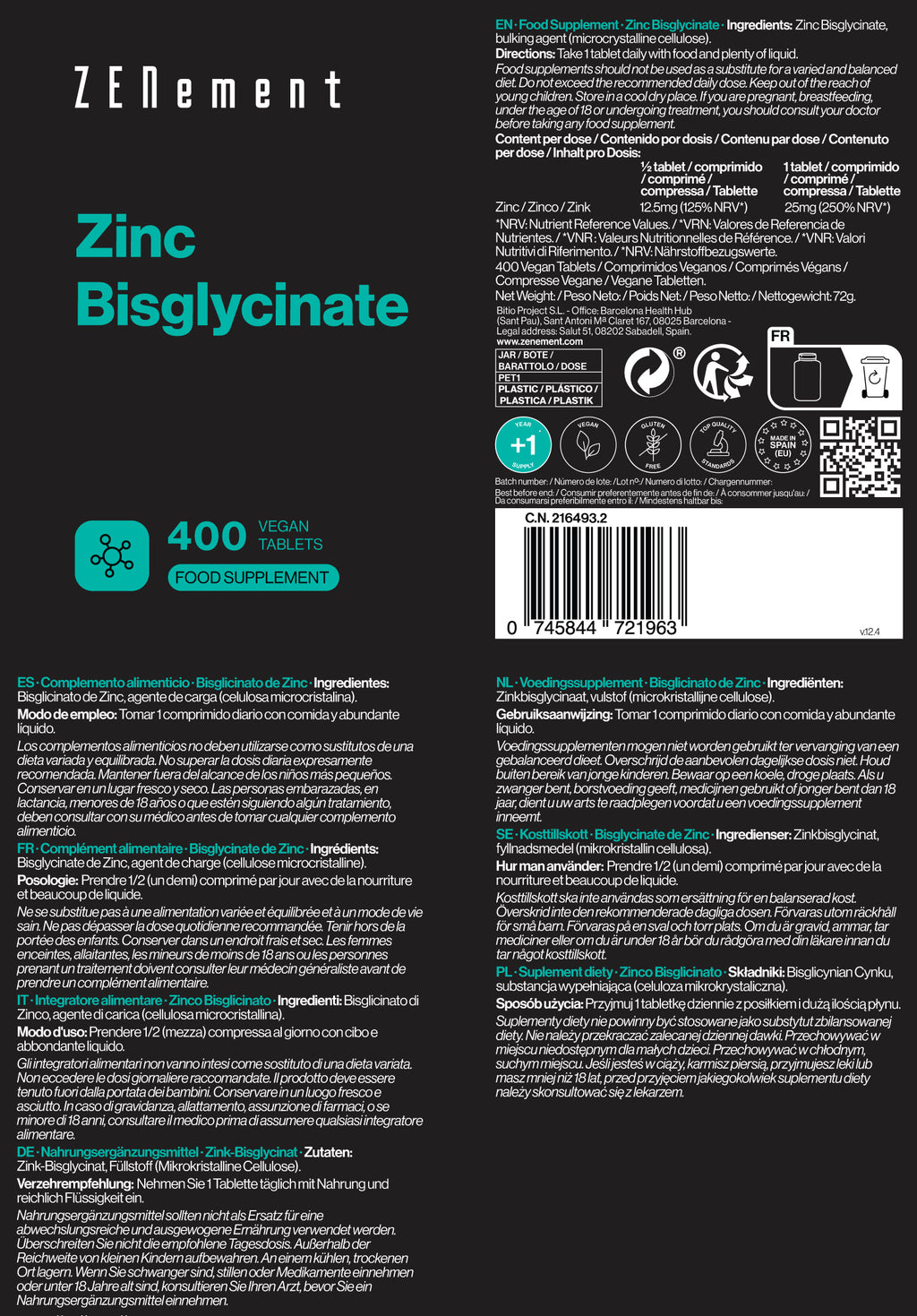 Zinc 25 mg (como Bisglicinato) - 400 Comprimidos