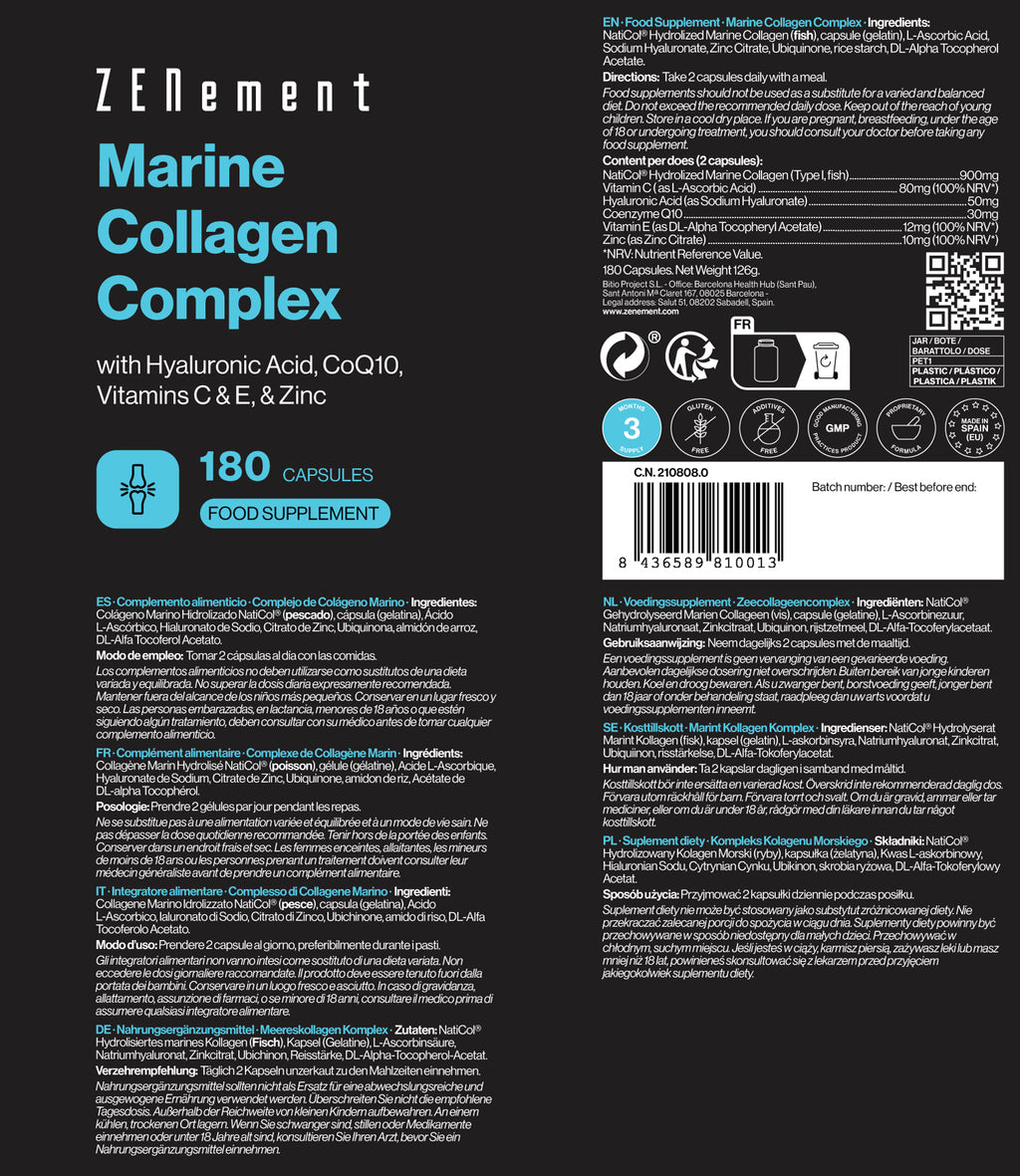 Complesso di Collagene Marino con Acido Ialuronico, CoQ10, Vitamine C & E e Zinco - 180 Capsule