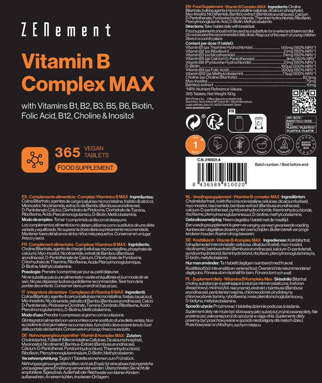 Complesso di Vitamine B MAX con Vitamine B1, B2, B3, B5, B6, Biotina, Acido folico, B12, Colina e Inositolo - 365 Compresse
