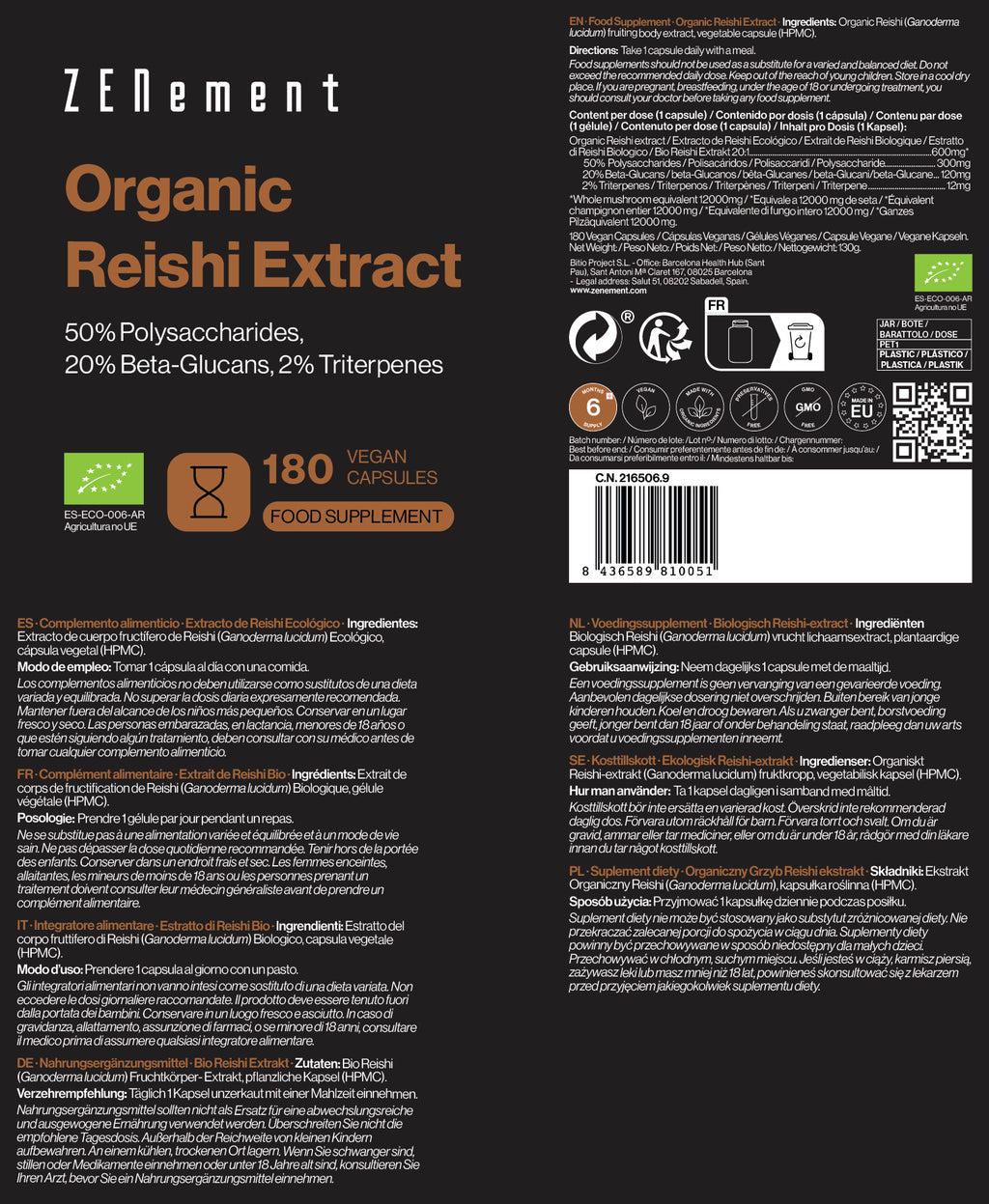 Estratto di Reishi Bio 50% Polisaccaridi, 20% beta-Glucani, 2% Triterpeni - 180 Capsule