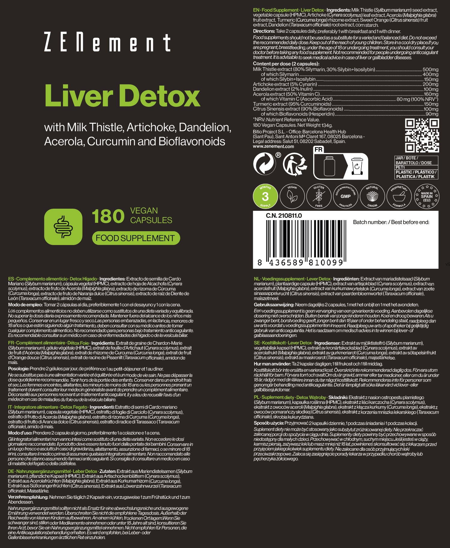 Liver Detox with Milk Thistle, Artichoke, Dandelion, Acerola, Curcumin and Bioflavonoids - 180 Vegan Capsules