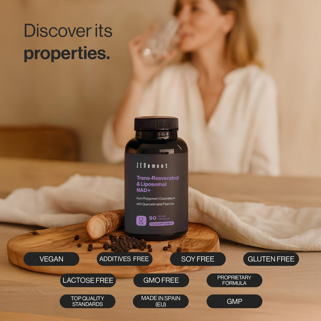 Trans-Resveratrol y NAD+ Liposomal  con Quercetina y Piperina - 90 Cápsulas Veganas