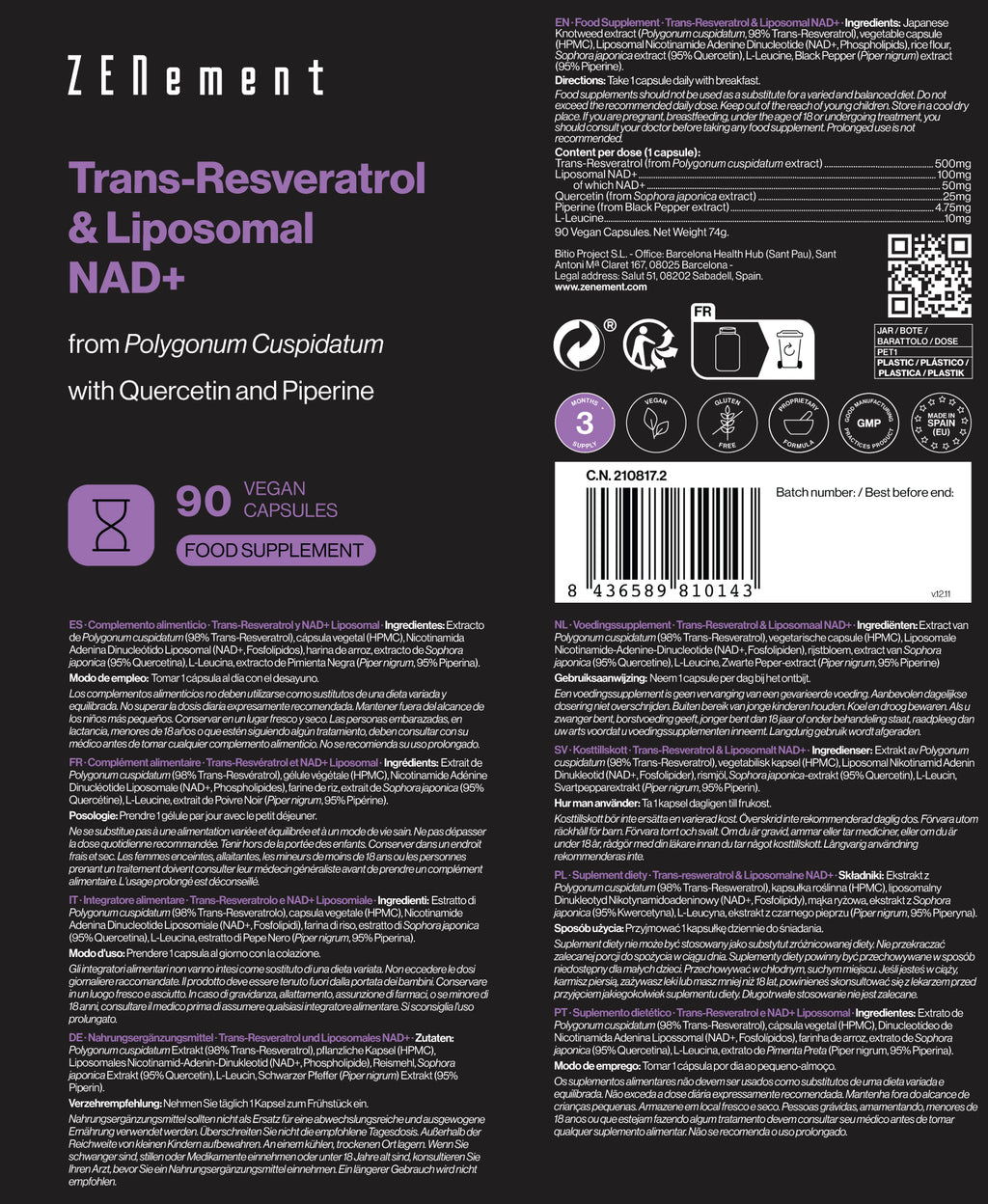 Trans-Resveratrol y NAD+ Liposomal  con Quercetina y Piperina - 90 Cápsulas Veganas