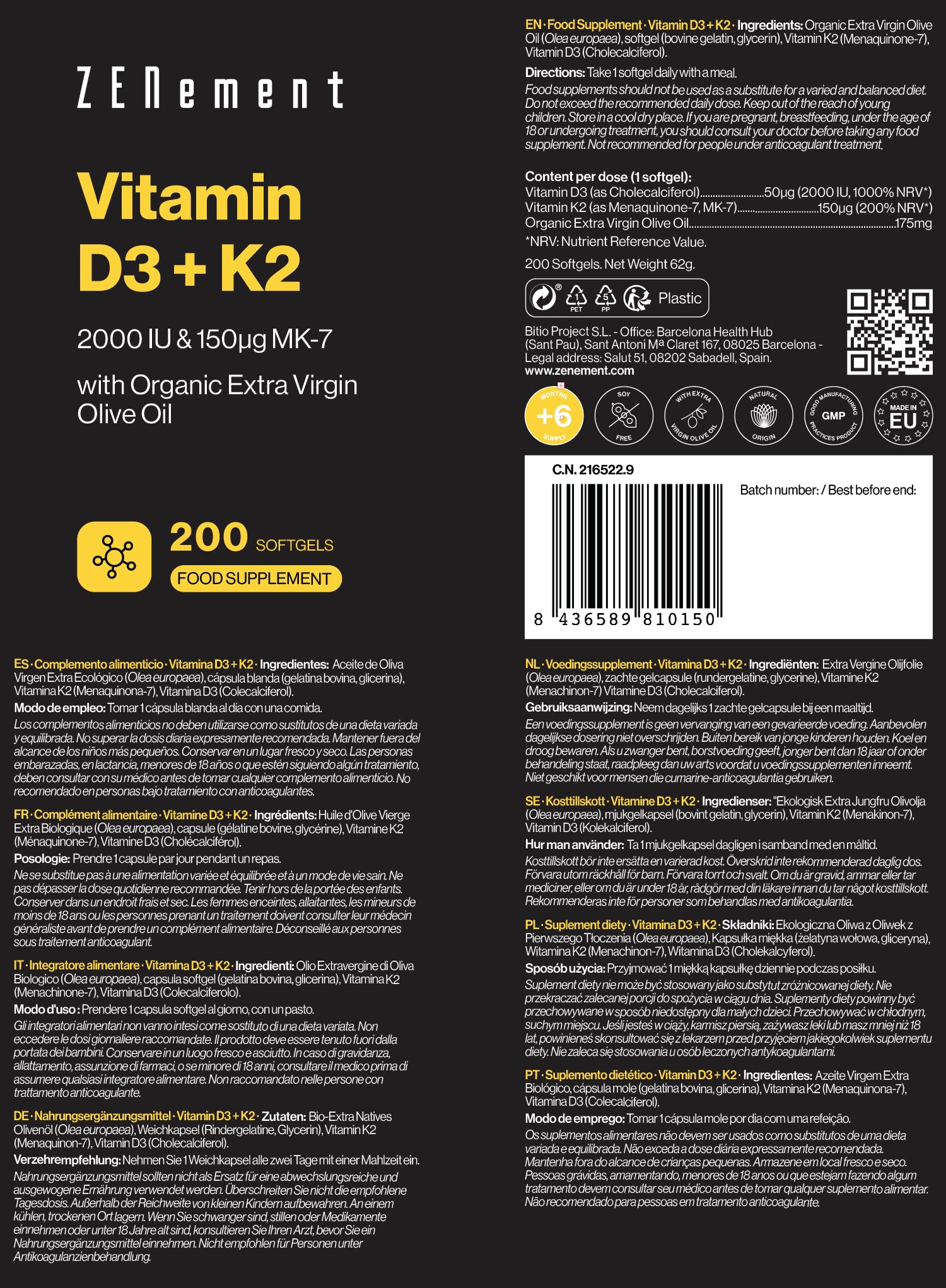Vitamin D3 + K2, Cholecalciferol (2000 IU) & MK-7 (150μg