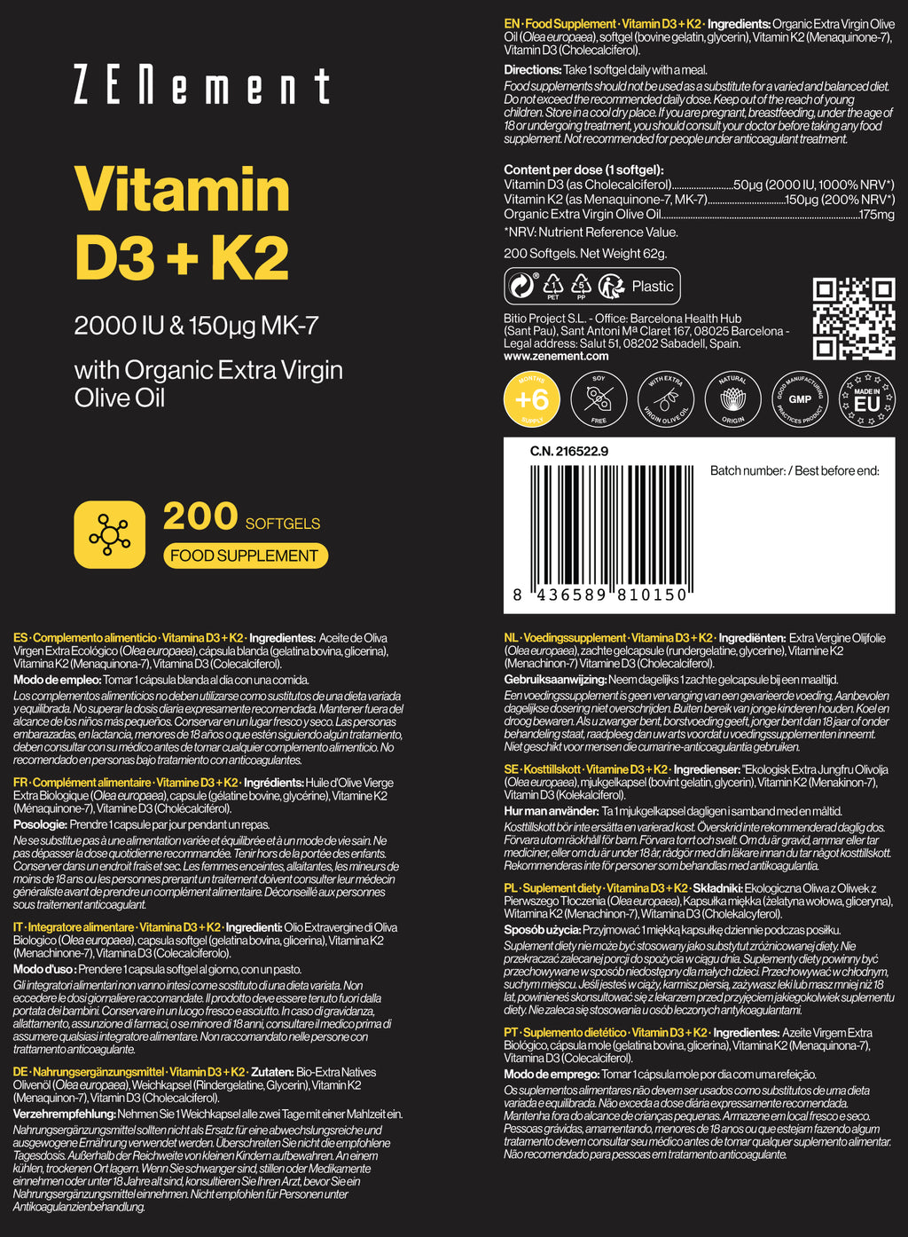 Vitamin D3 + K2 2000 IU & 150 µg MK-7 - 200 Weichkapseln