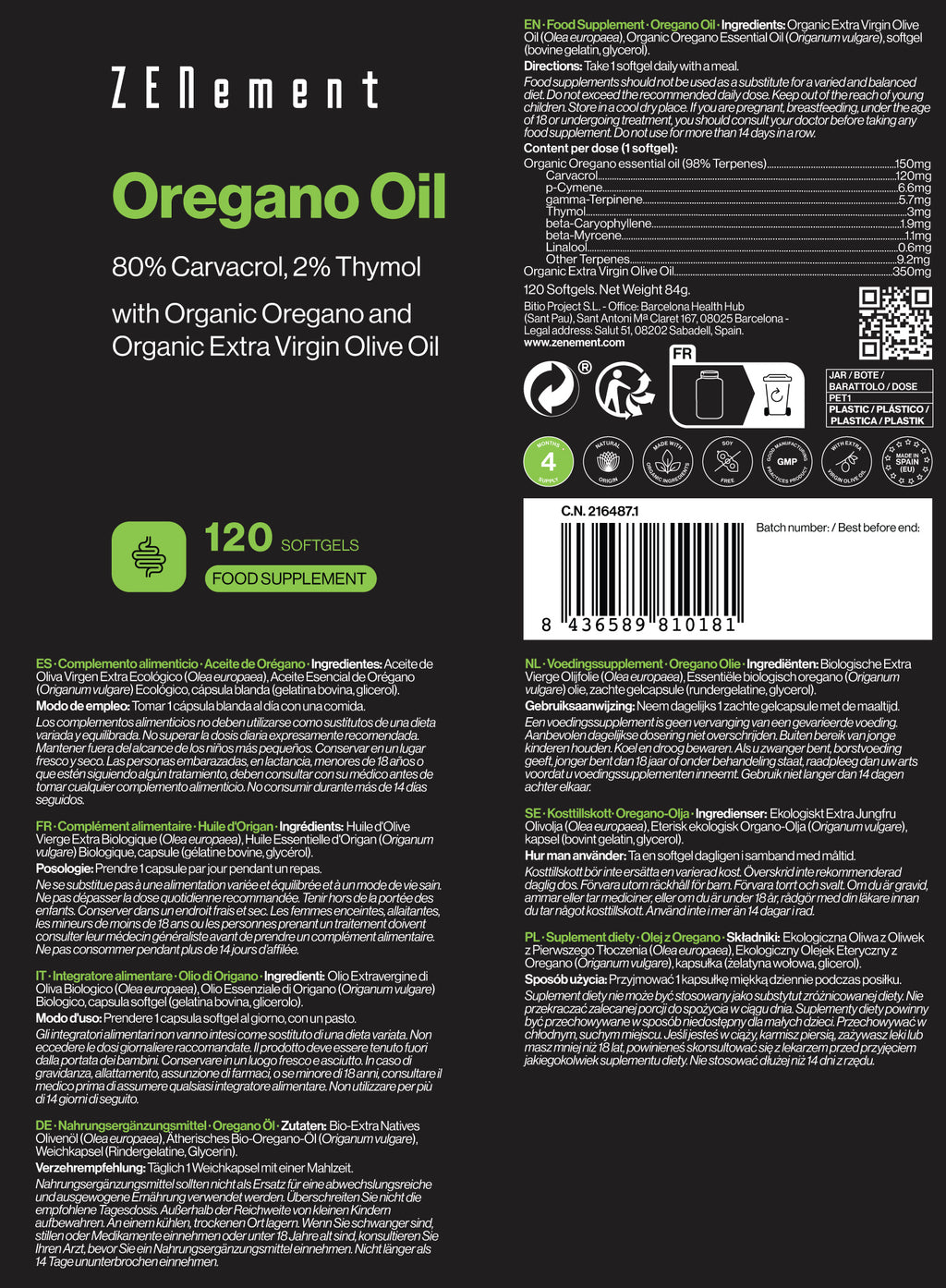 Olio di origano Biologico 70% Carvacrolo, 3% Timolo - 120 Capsule Softgel