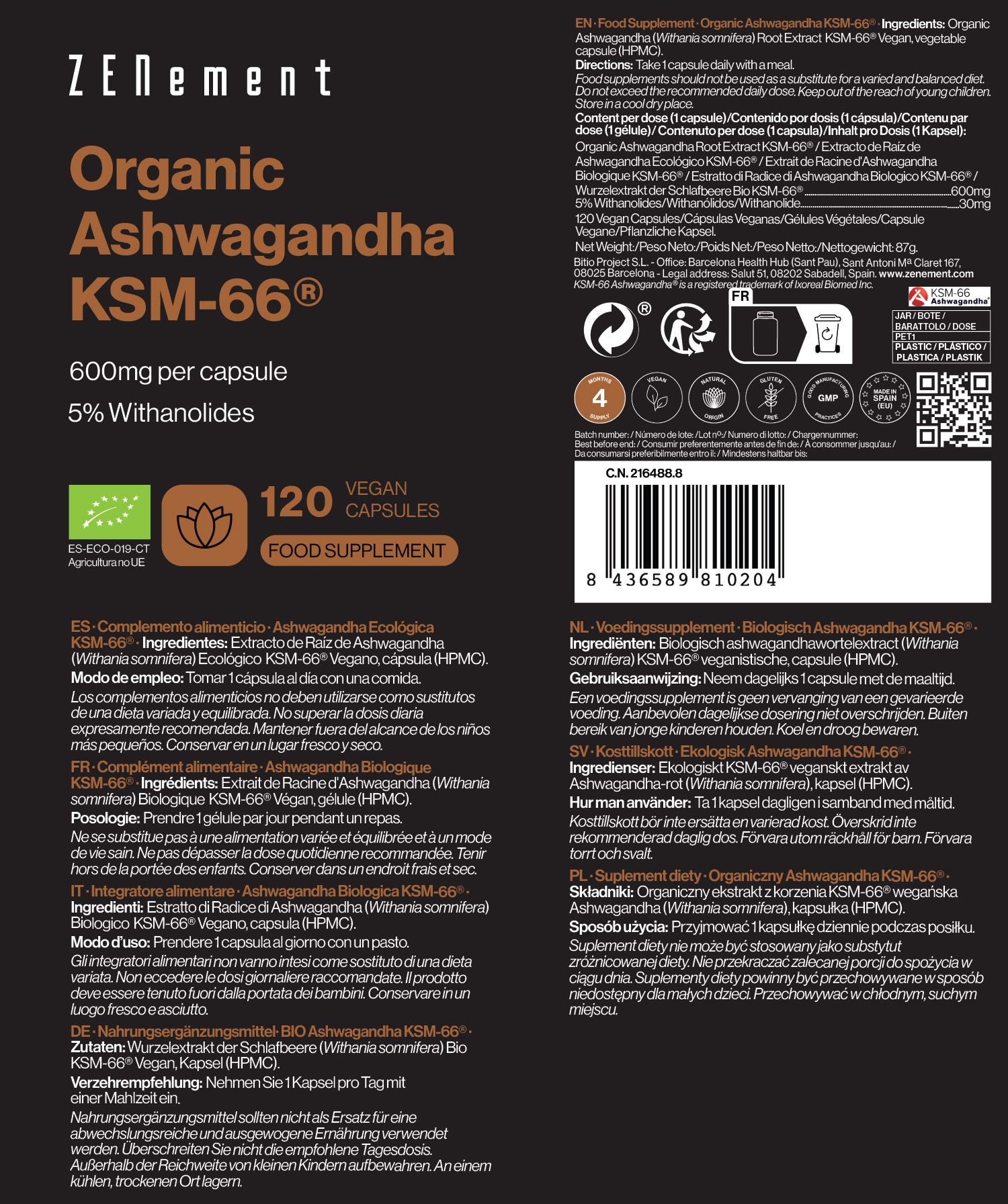 Organic Ashwagandha Root Extract, 600mg per capsule | KSM-66