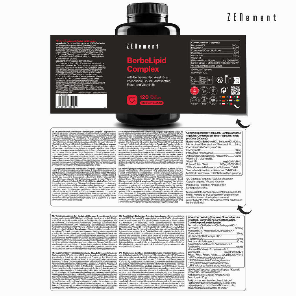 BerbeLipid Complex con Berberina, Levadura de Arroz Rojo, Policosanol, CoQ10, Astaxantina, Folato y Vitamina B1 - 120 Cápsulas Veganas