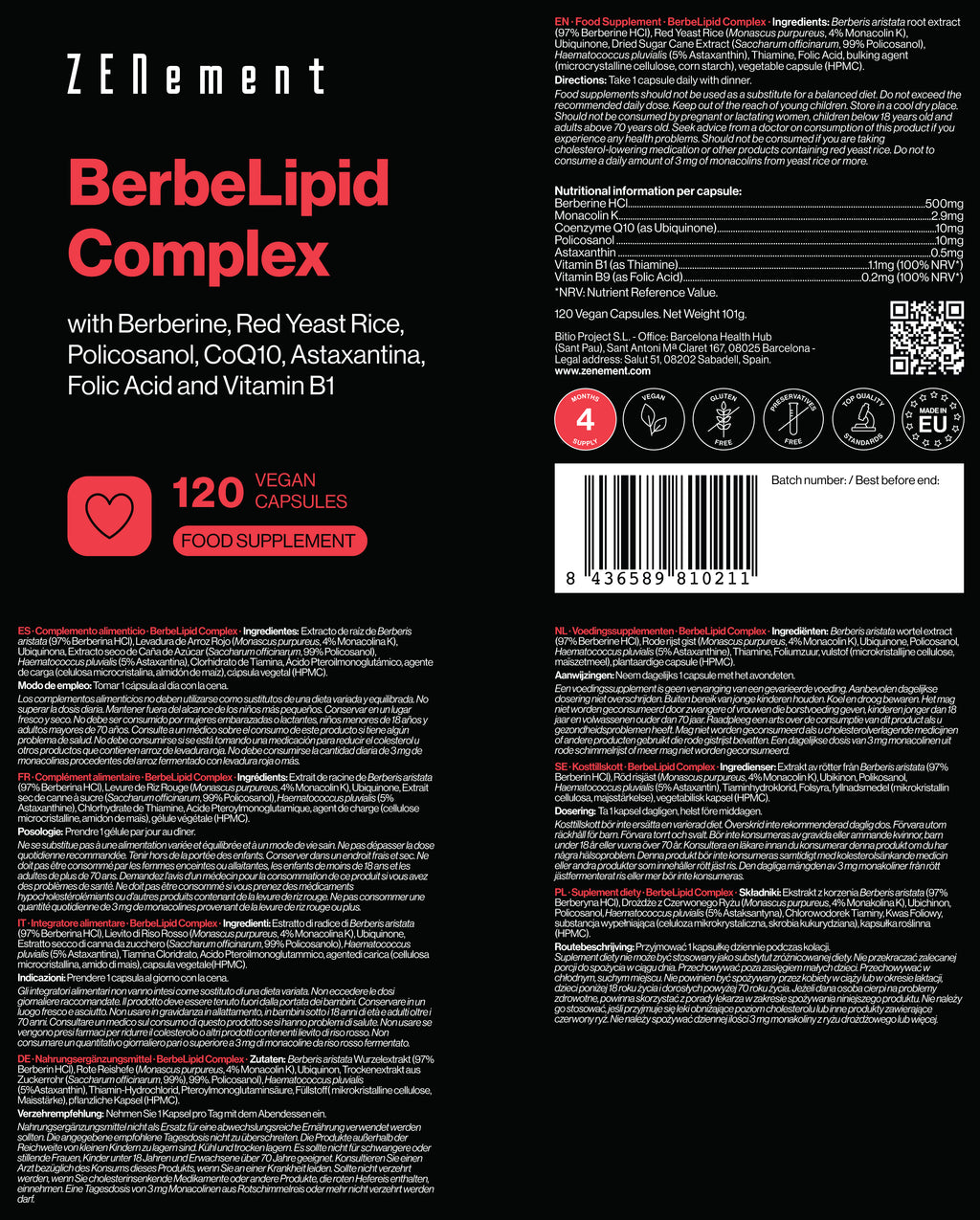 BerbeLipid Complex con Berberina, Lievito di Riso Rosso, Policosanolo, Q10, Astaxantina, Acido Folico e Vitamina B1 - 120 Capsule
