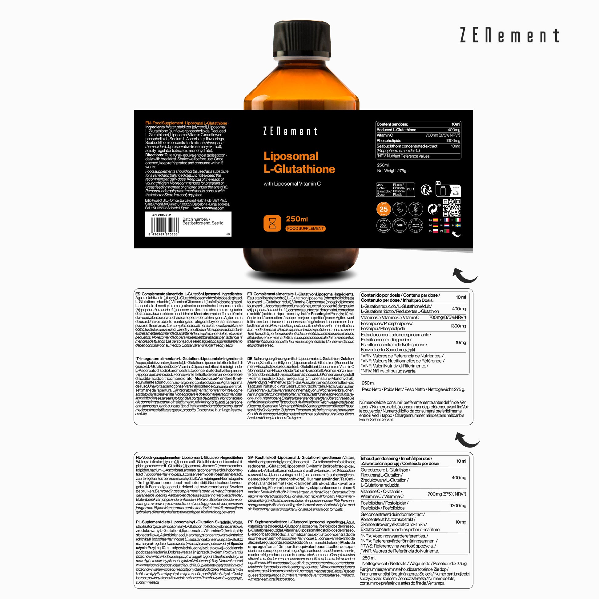 glutathione con vitamina c Glutatione Liposomiale | Antiossidante, Anti-invecchiamento | Alto Dosaggio ed Assorbimento, Alta Biodisponibilit | 250 ml | Vegano taking any medications C+ 25% Vitamin C +