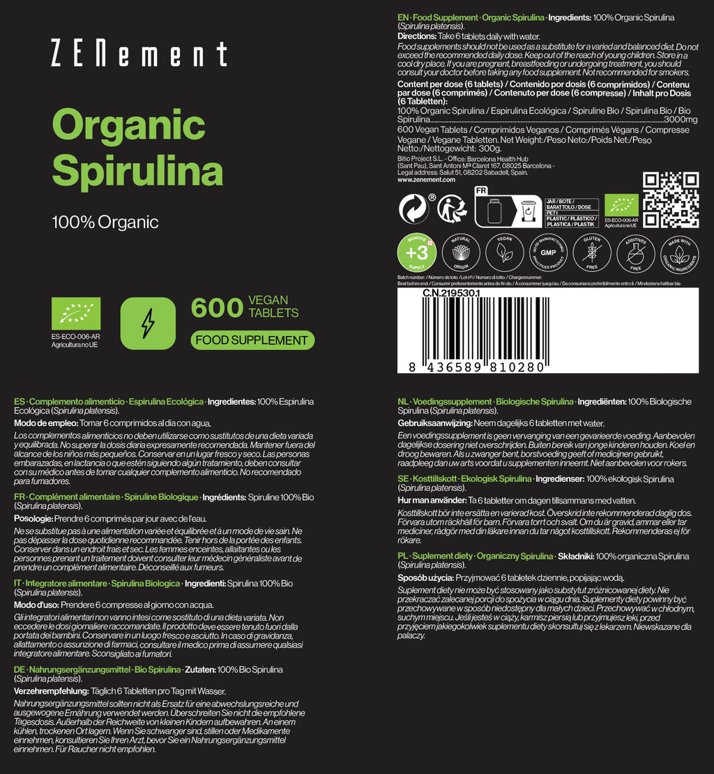 Espirulina Ecológica 100% Ecológico - 600 Comprimidos Veganas