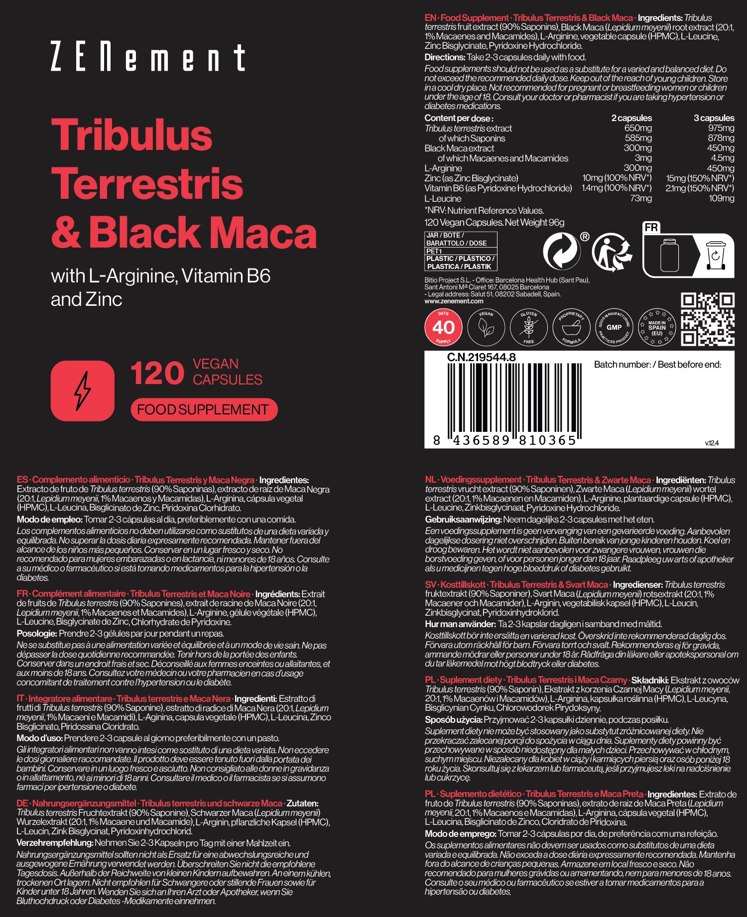 Tribulus Terrestris & Black Maca with L-Arginine, Vitamin B6 and Zinc - 120 Vegan Capsules