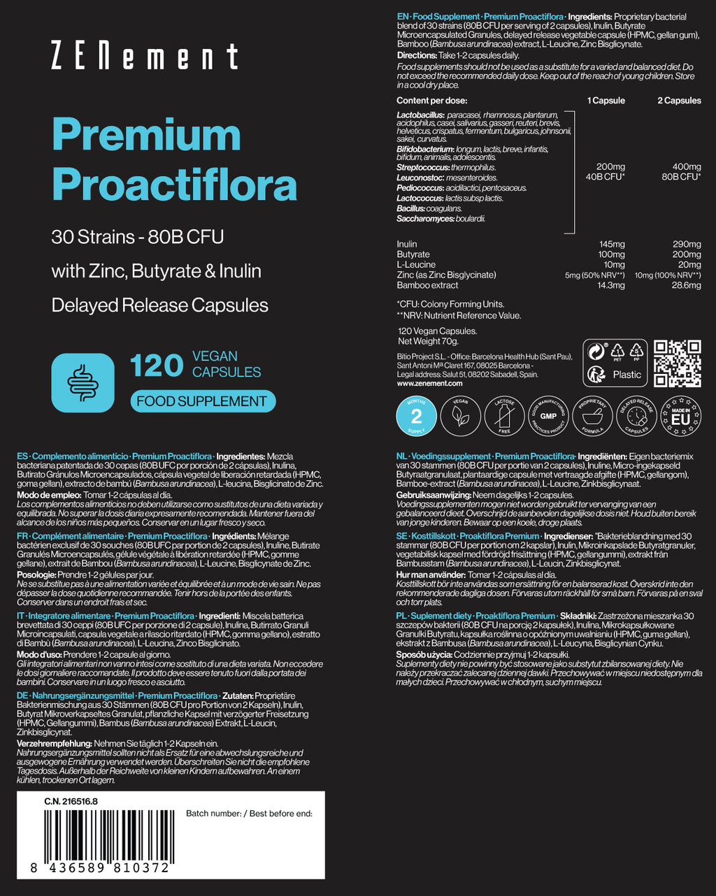 Premium Proactiflora 30 Souches | 80 milliards d'UFC + Butyrate, Inuline et Zinc - 120 Gélules