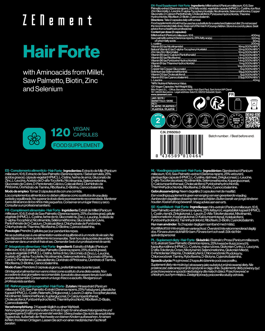 Hair Forte con Aminoácidos de Mijo, Saw Palmetto, Biotina, Zinc y Selenio - 120 Cápsulas