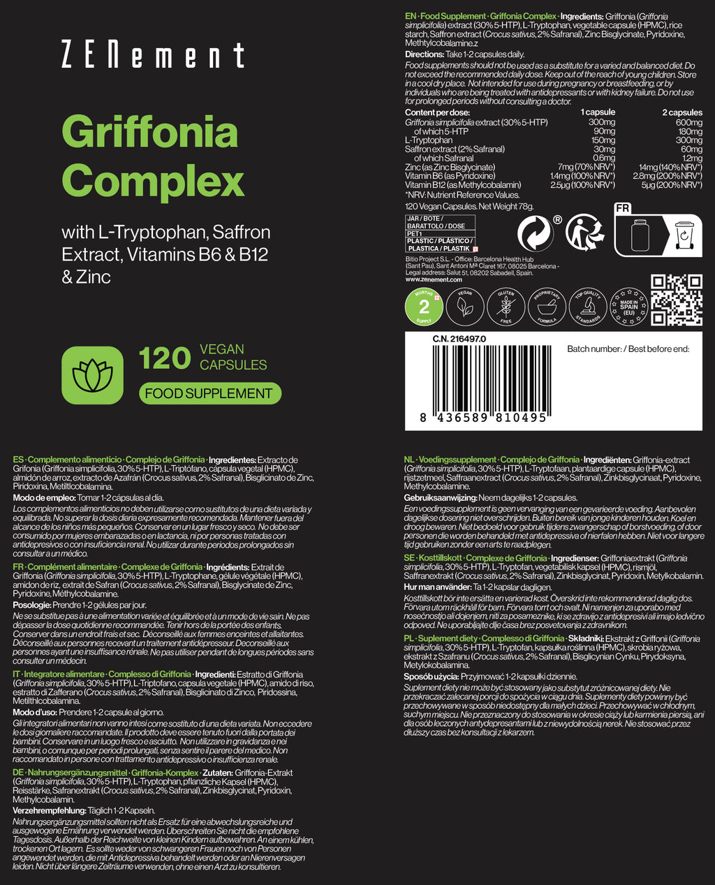 Griffonia-Komplex mit L-Tryptophan, Safranextrakt, B6, B12 und Zink - 120 Kapseln
