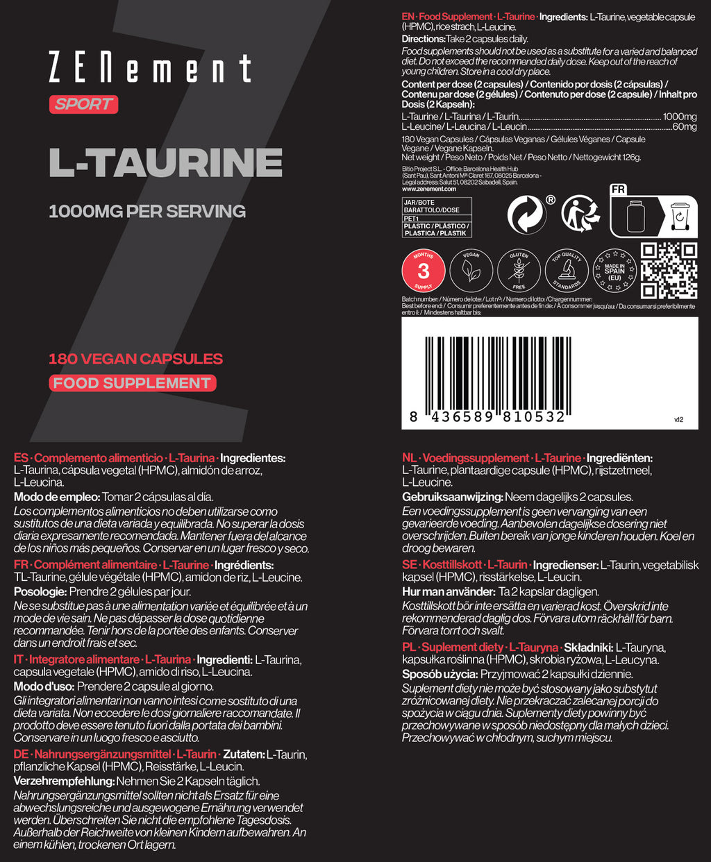 L-Taurina 500 mg por cápsula - 180 Cápsulas