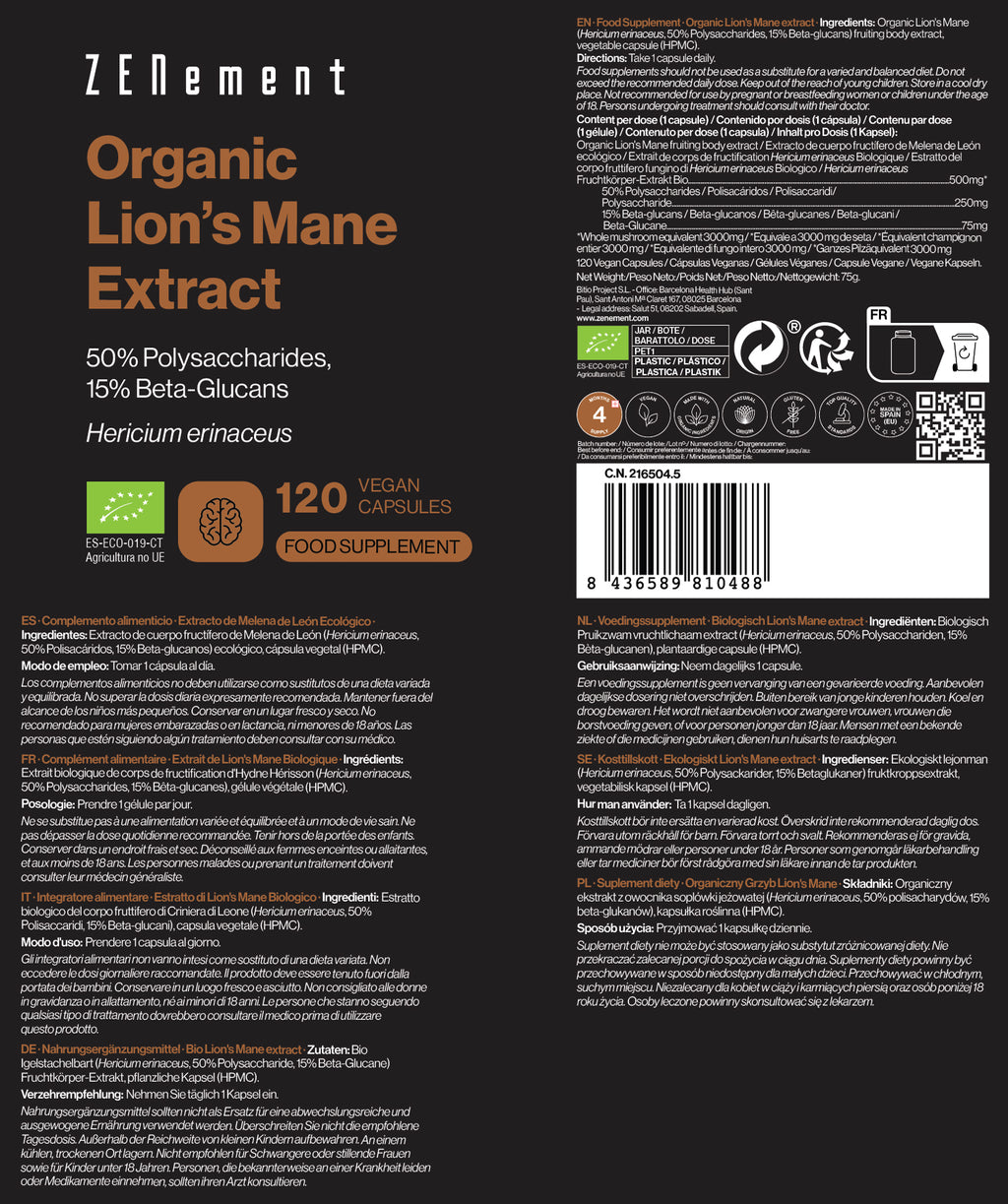 Extrait de Lion's Mane Biologique 50% Polysaccharides, 15% bêta-Glucanes - 120 Gélules