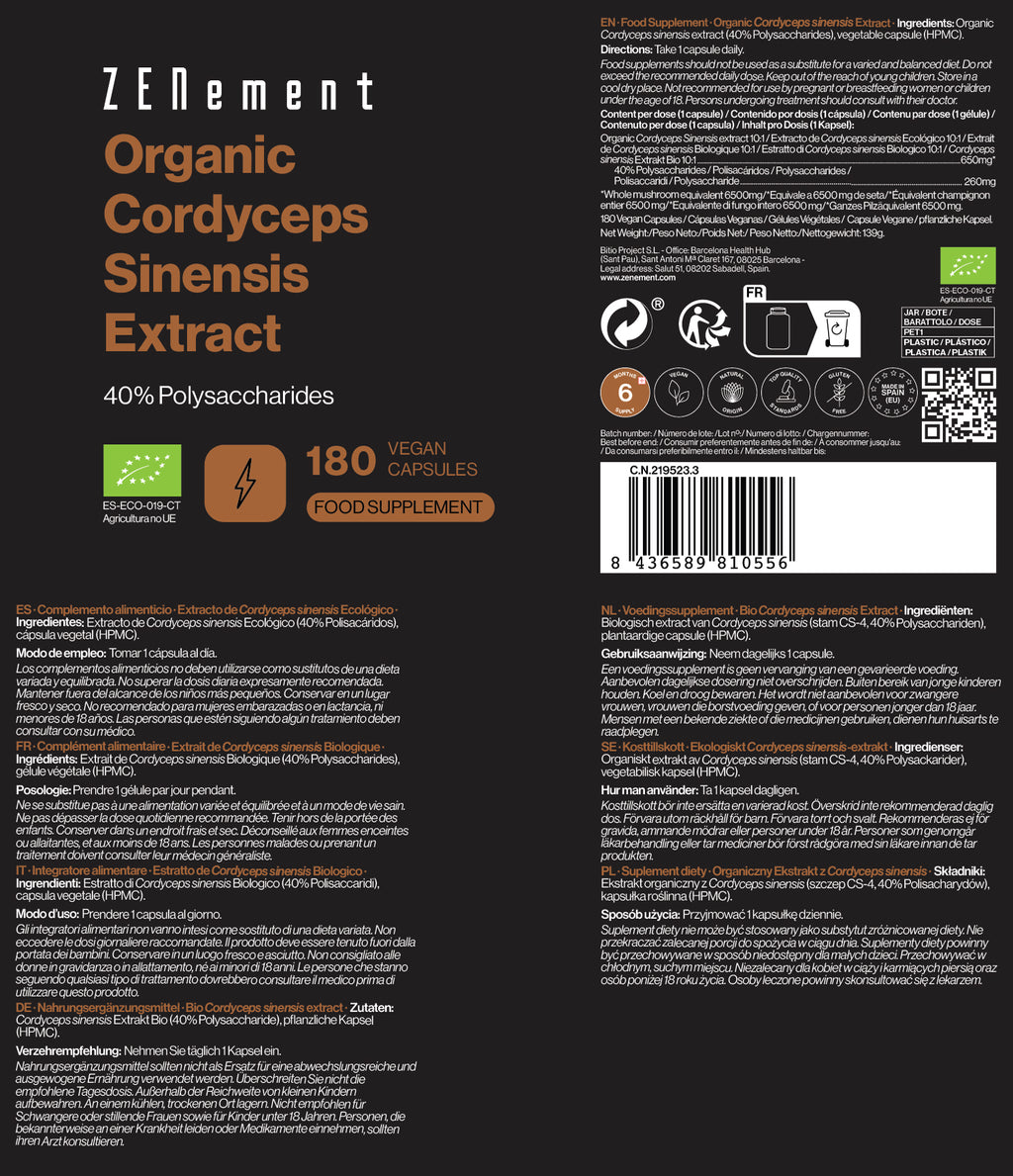 Organic Cordyceps Sinensis Extract 40% Polysaccharides - 180 Capsules