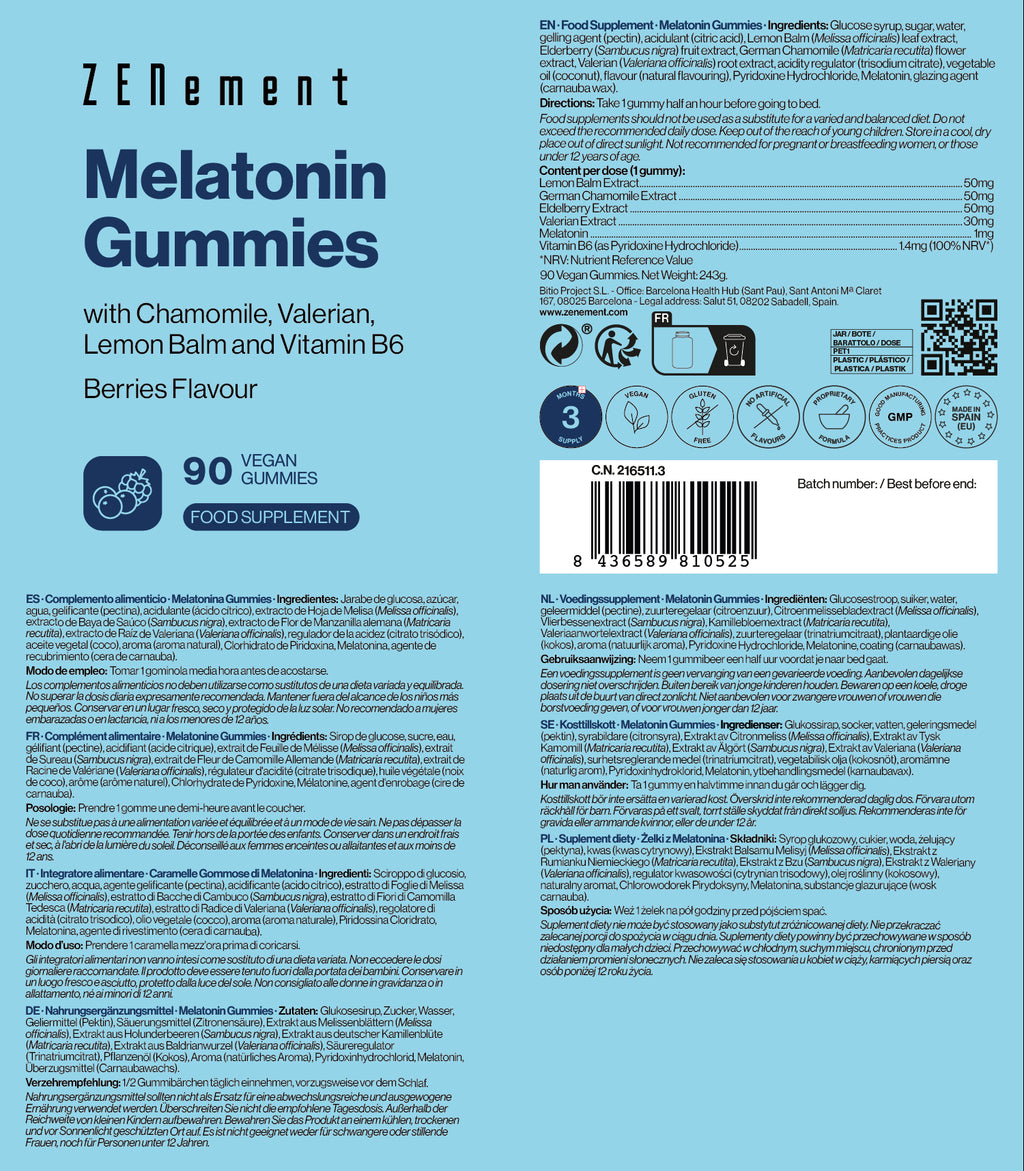 Melatonina Gominolas con Camomila, Valeriana, Melisa y Vitamina B6 - 90 Gummies