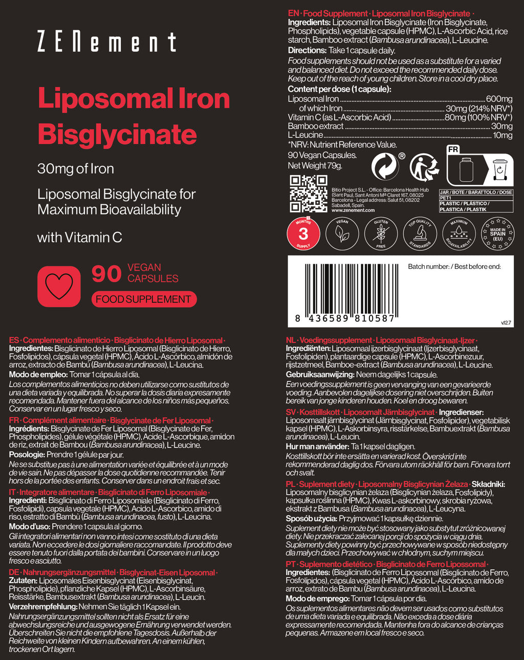 Bisglicinato di Ferro Liposomiale con Vitamina C - 90 Capsule Vegane