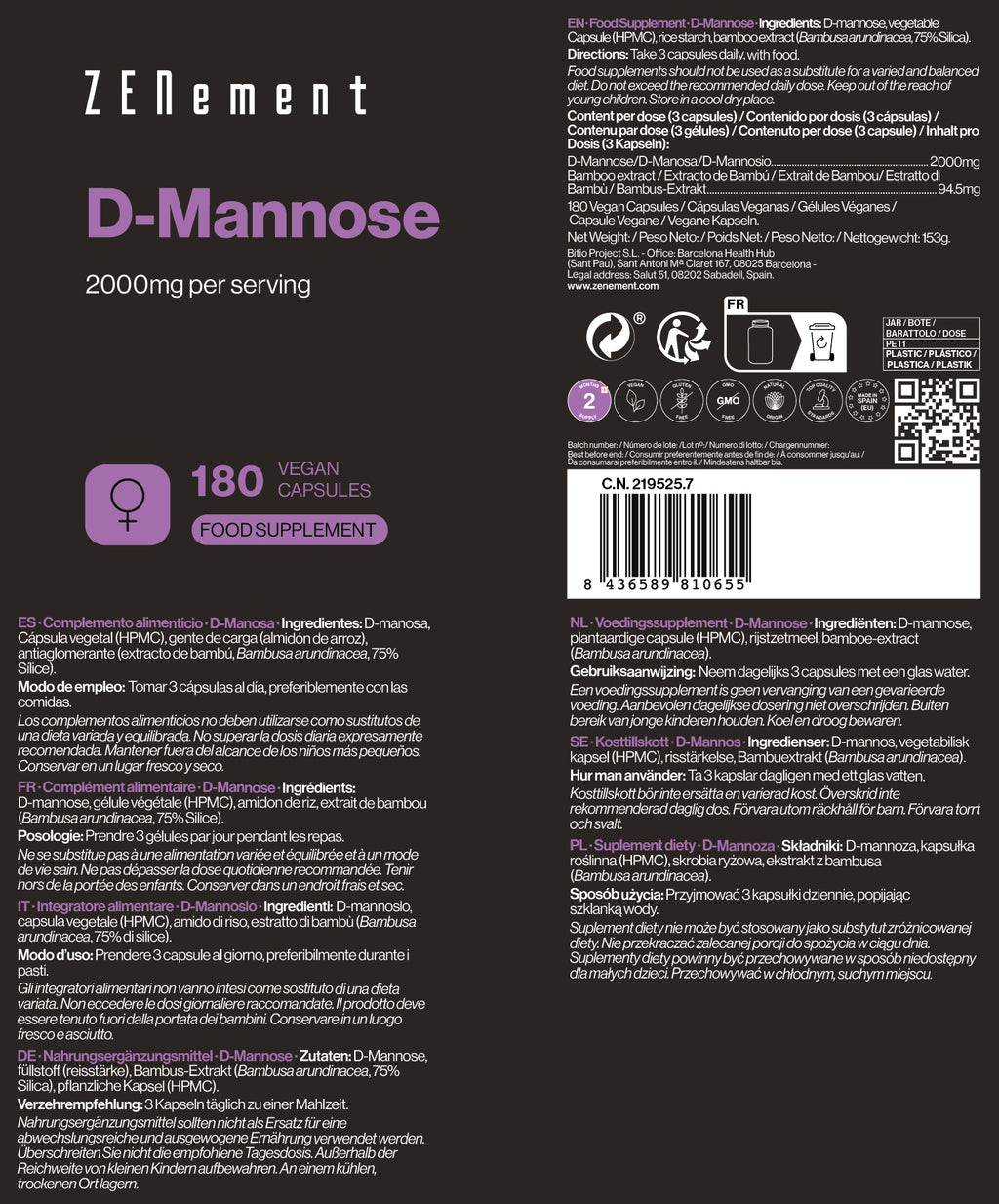 D-Mannose 2000mg per serving - 180 Capsules