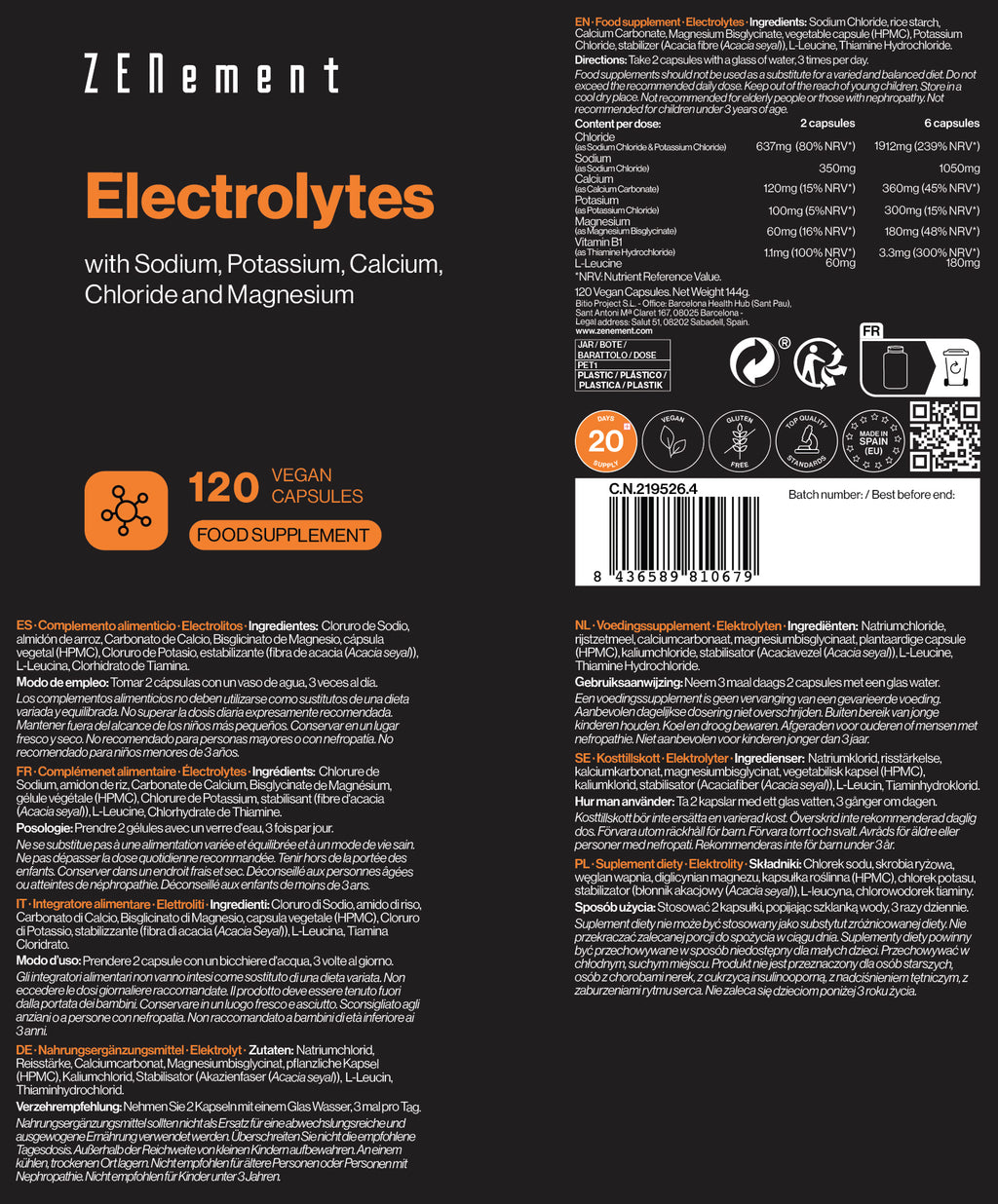 Electrolitos con Sodio, Potasio, Calcio, Cloruro y Magnesio - 120 Cápsulas