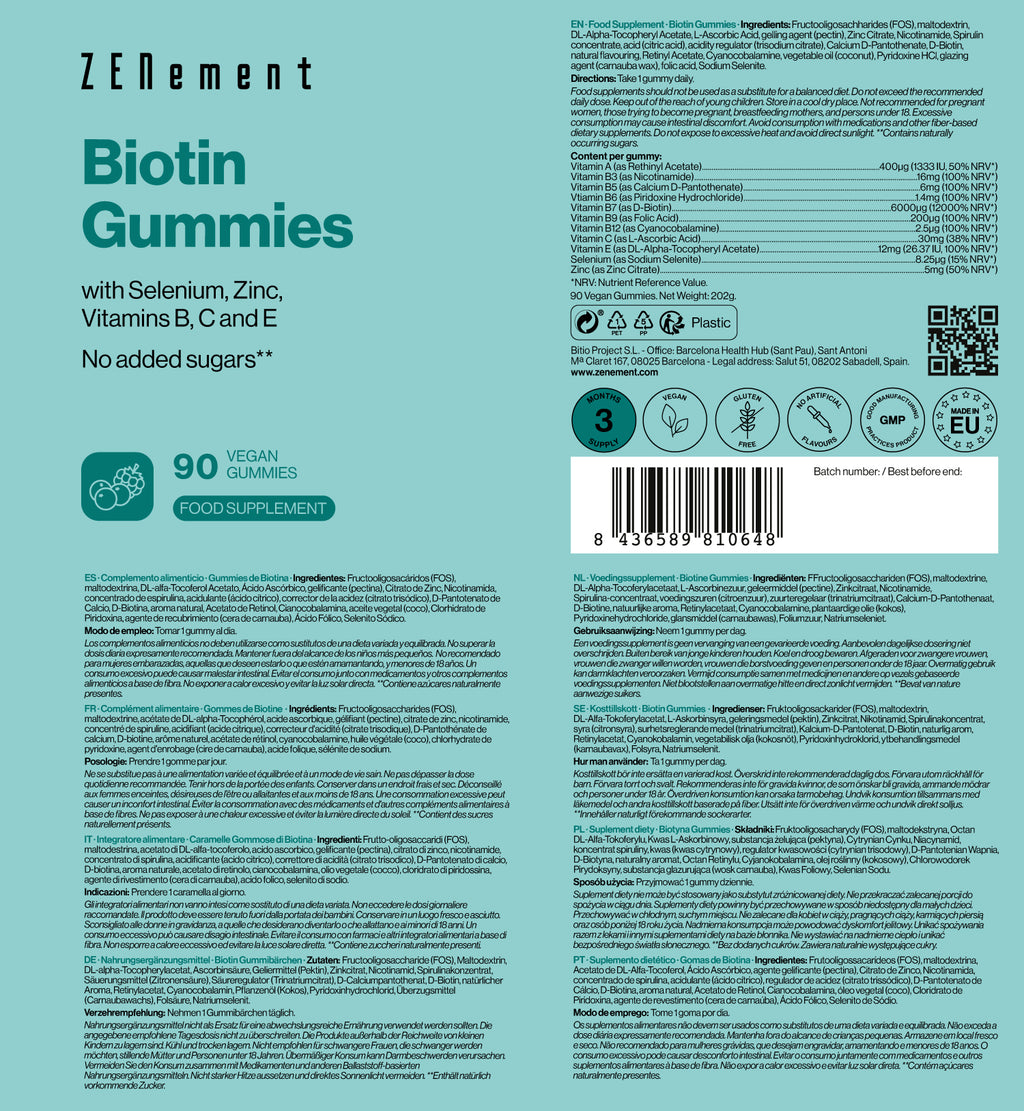 Gummies de Biotina con Selenio, Zinc, Vitaminas B, C y E - 90 Gominolas Veganas