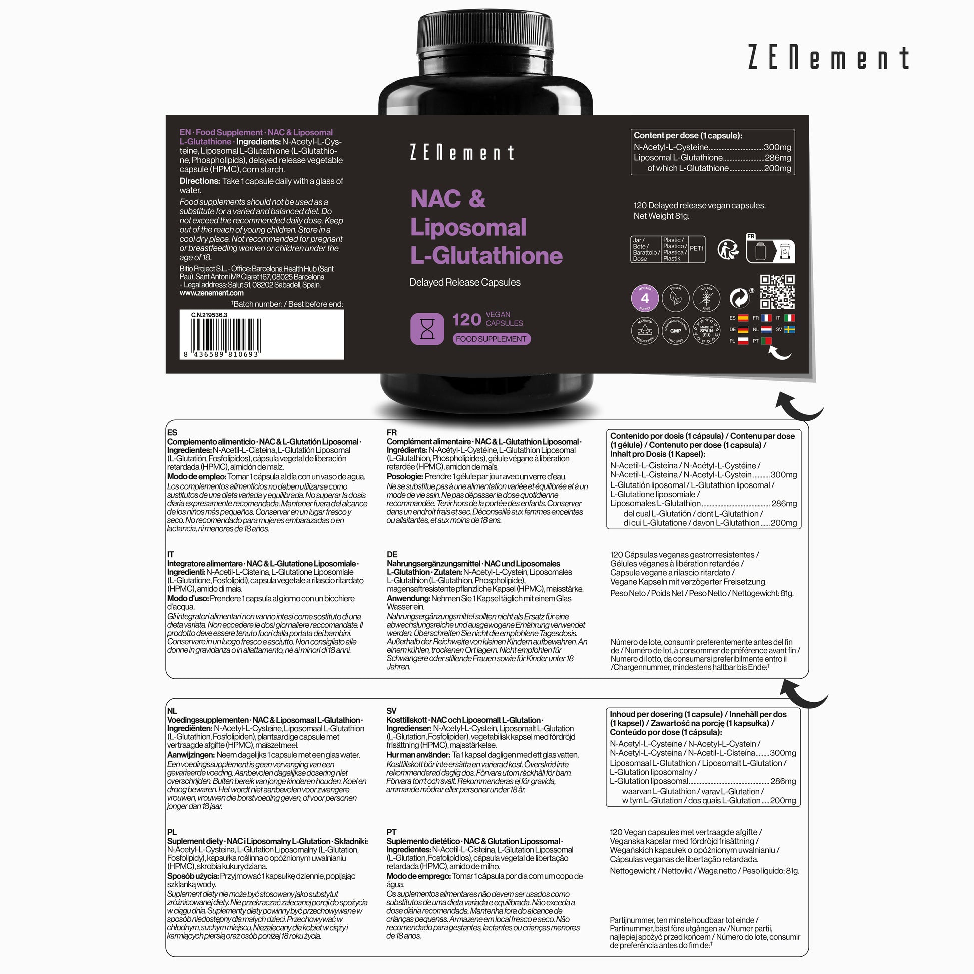 NAC & Reduced L-Glutathione - 120 Capsules | Zenement NAC & Reduced L-Glutathione - 120 Capsules | Zenement