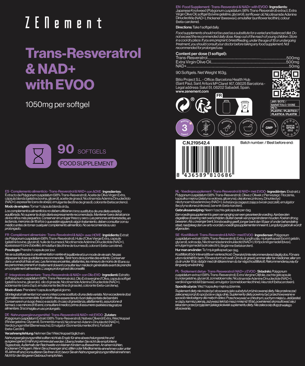 Trans-Resveratrol & NAD+ with EVOO 1055mg per softgel - 90 Softgels
