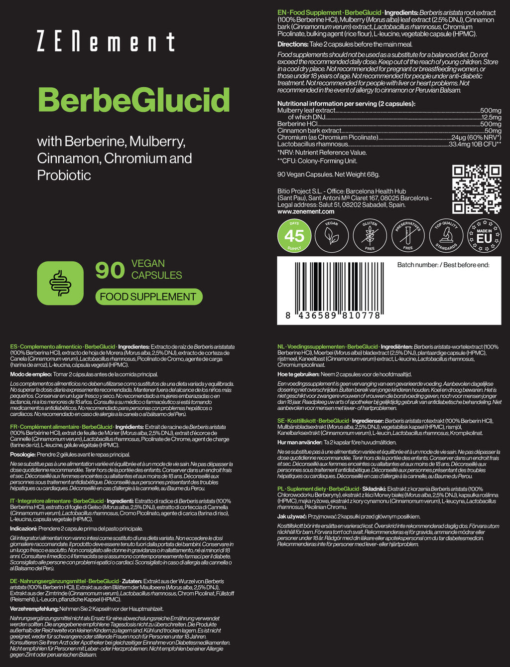 BerbeGlucid with Berberine, Mulberry, Cinnamon, Chromium and Probiotic - 90 Vegan Capsules