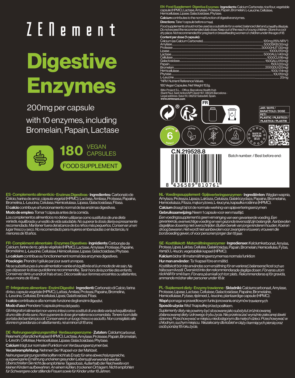 Enzimi Digestivi 200 mg per capsula - 180 Capsule Vegane