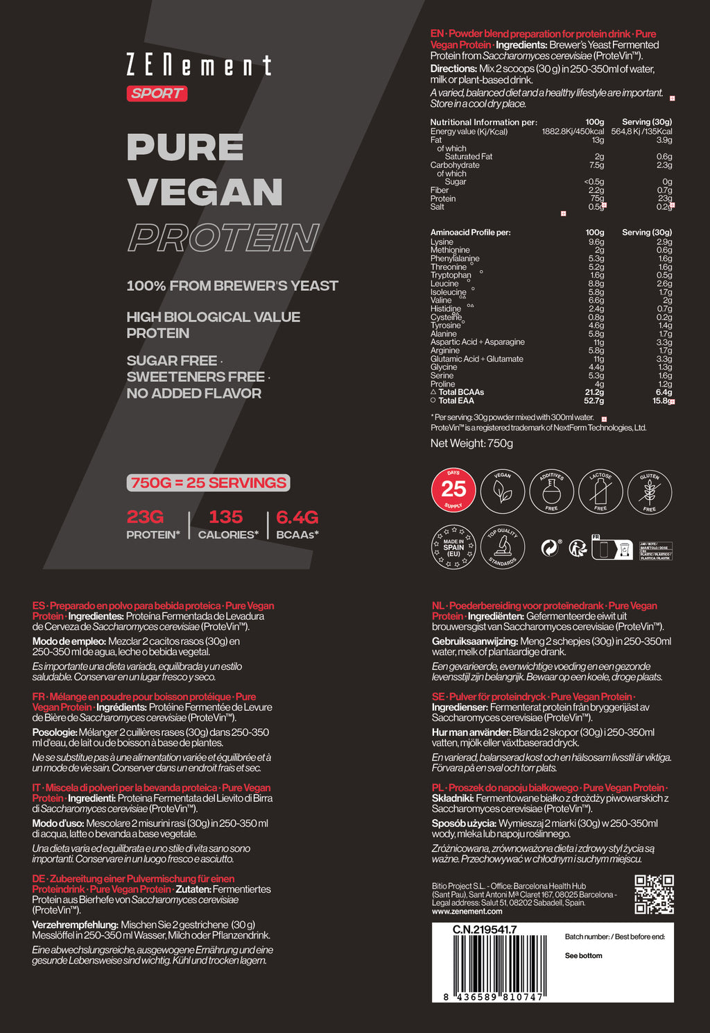 Pure Vegan Protein 100% Levvure De Bière - 750 g
