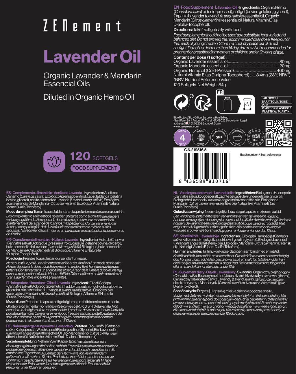 Lavendelöl mit Lavendel-, Mandarinen- und Hanföle - 120 Weichkapseln