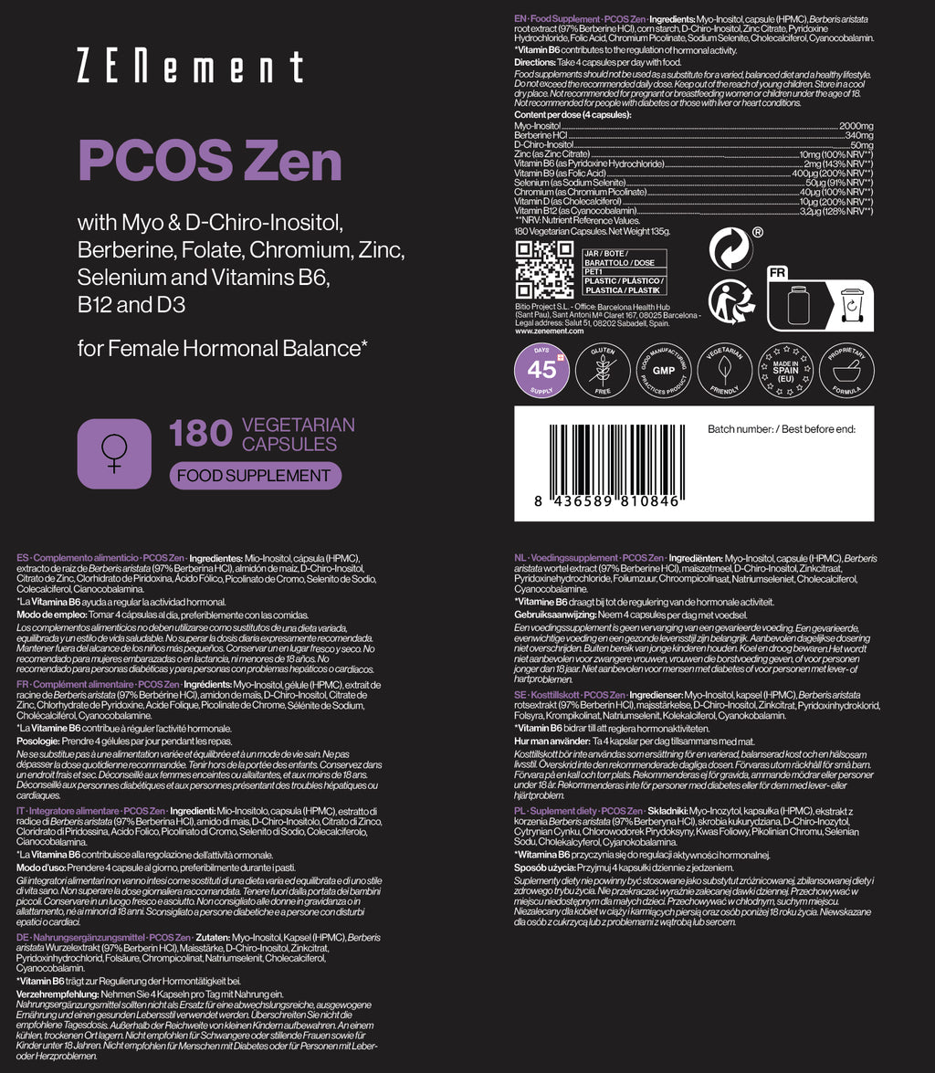 PCOS Zen mit Myo- und D-Chiro-Inositol, Berberin, Folat, Chrom, Zink, Selen und den Vitaminen B6, B12 und D3 - 180 Vegetarische Kapseln