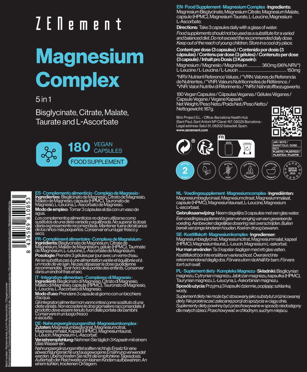 Complejo de Magnesio 5 en 1 - 180 Cápsulas Veganas