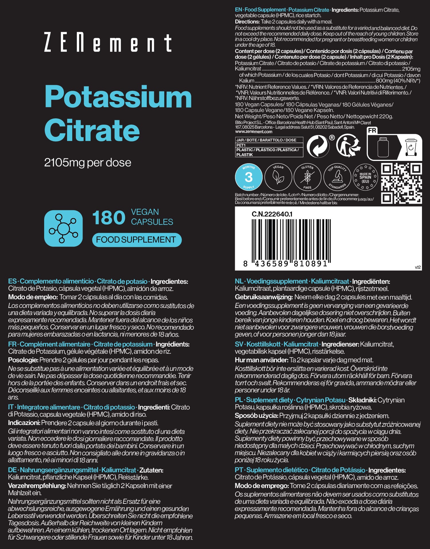 Potassium Citrate 2105mg per dose - 180 Vegan Capsules