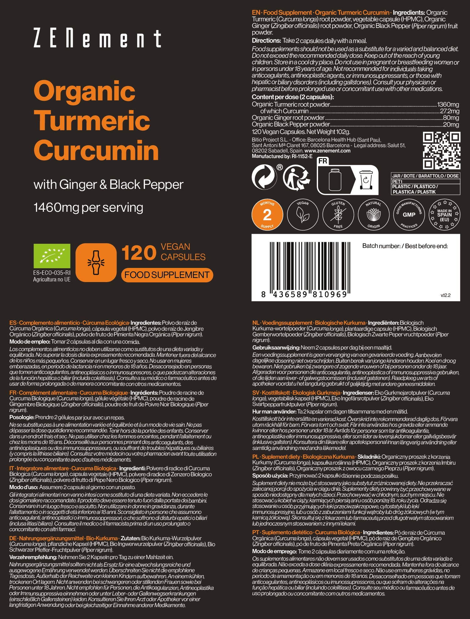 Cúrcuma Ecológica con Pimienta Negra y Jengibre - 120 Cápsulas Veganas