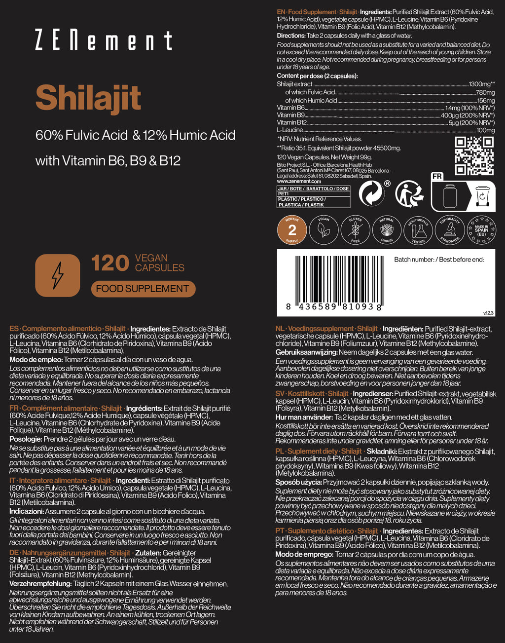 Shilajit  con Vitamina B6, B9 y B12 - 120 Cápsulas Veganas