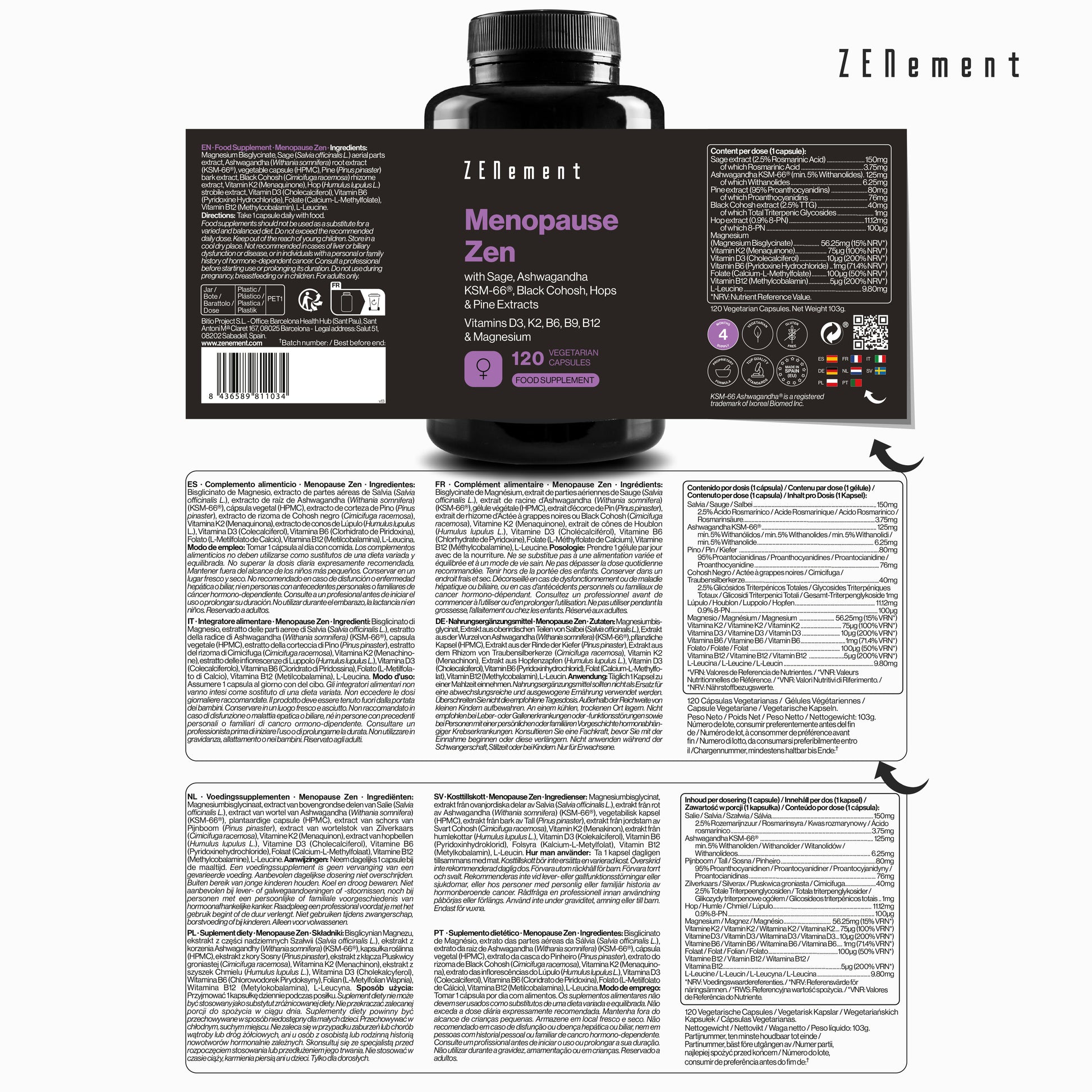 Menopause Zen con estratti di Salvia, Ashwagandha KSM-66®, Cimicifuga, Luppolo e Pino - 120 Capsule Vegetariane