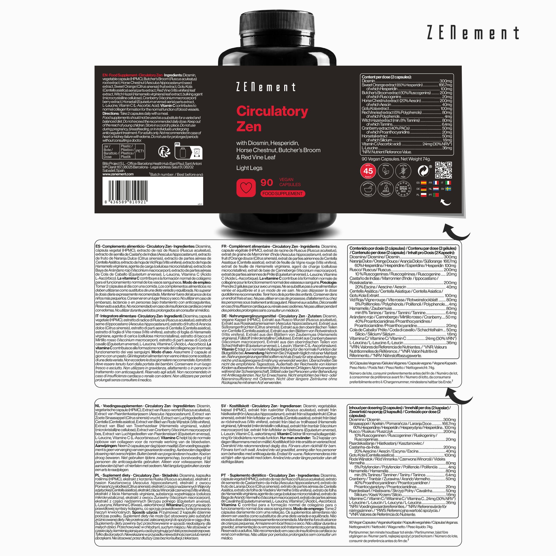 Circulatory Zen Avec Diosmine, Hespéridine, Marronnier d'Inde, Ruscus et Feuille de vigne rouge. - 90 Gélules Véganes