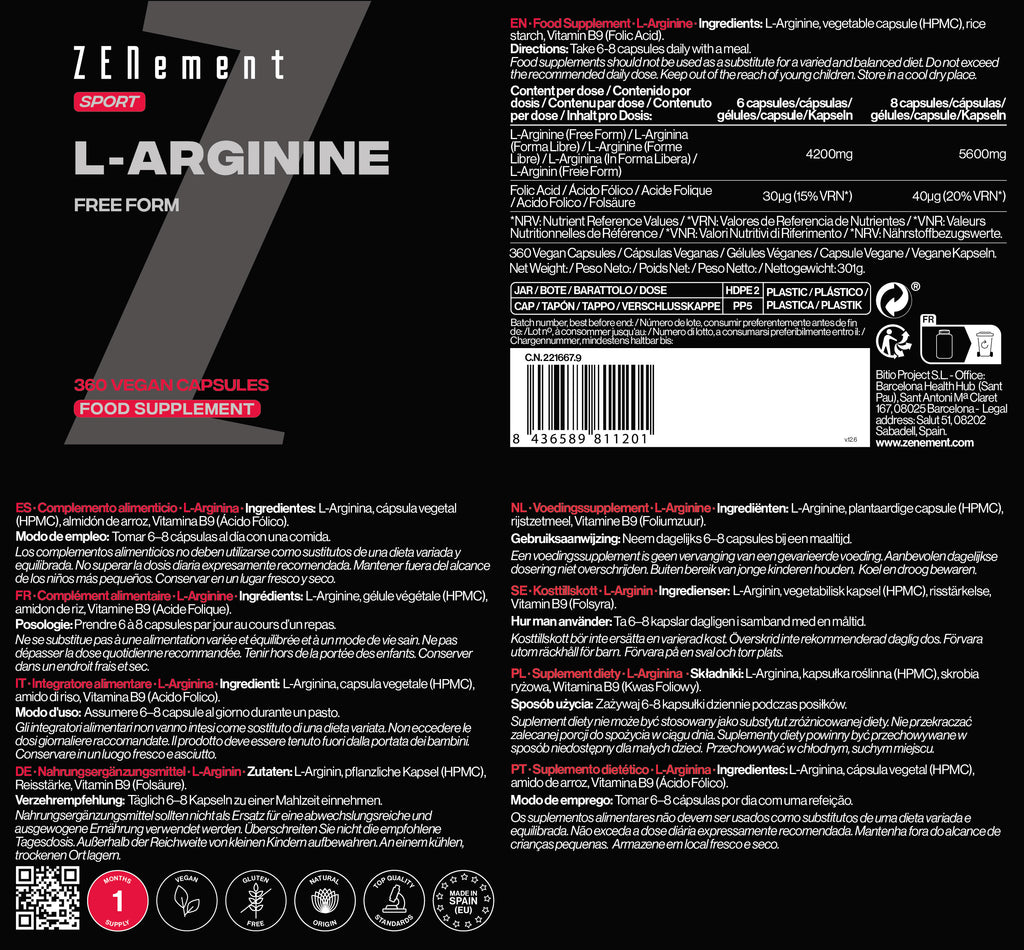L-Arginin Freie Form - 360 Vegane Kapseln