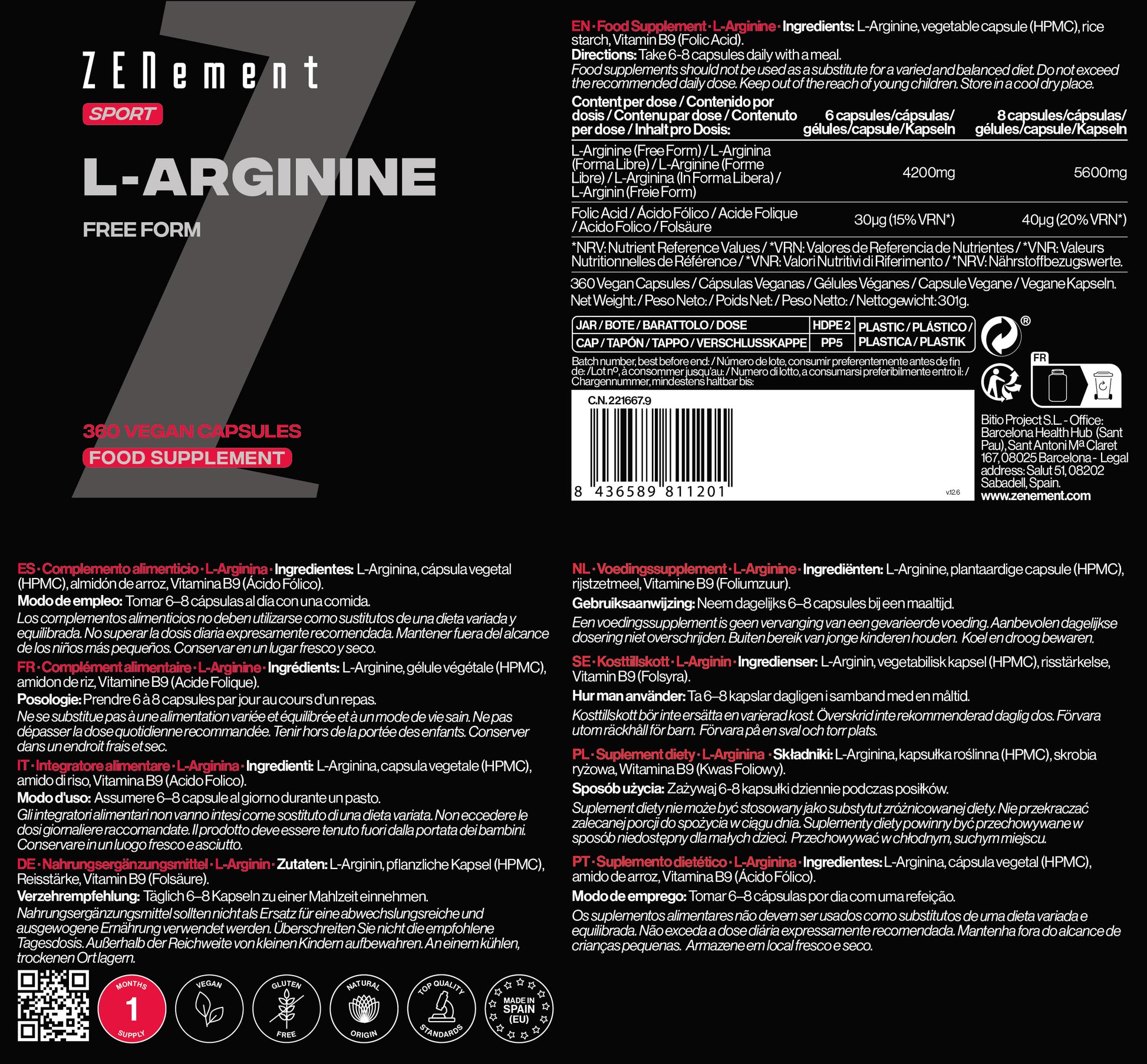 L-Arginina Forma libre - 360 Cápsulas Veganas