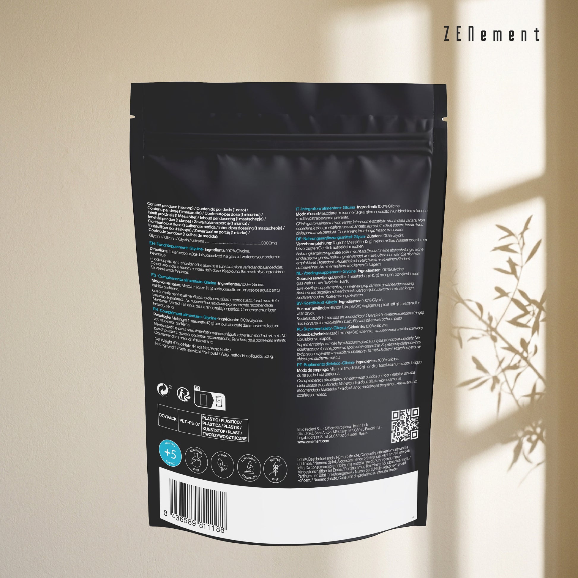 Glycin Pulver 500g – 3000 mg/Dosis – Rein, ohne Zusatzstoffe – Zenement