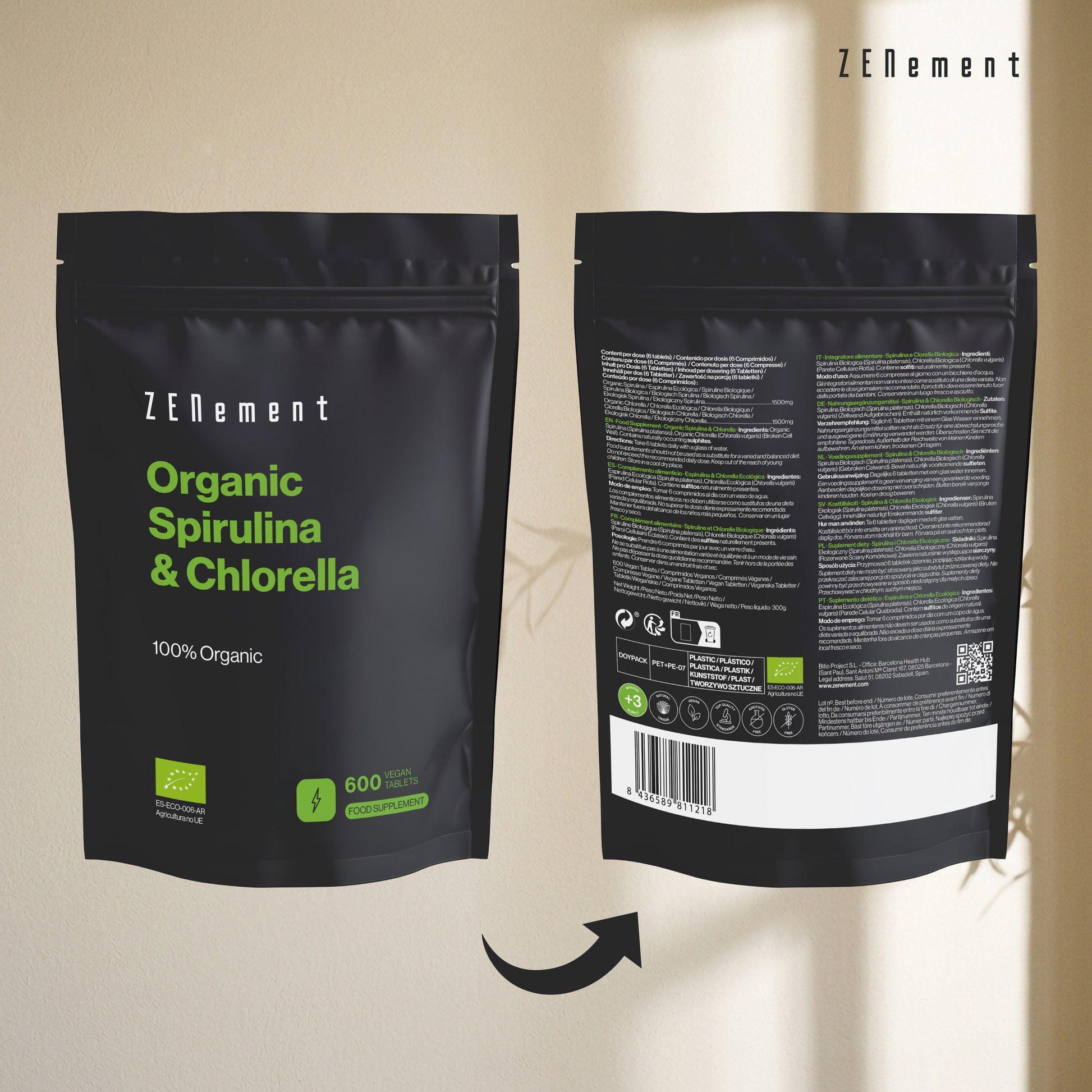 Spiruline et Chlorelle Biologique 100% Biologique - 600 Comprimés Végans