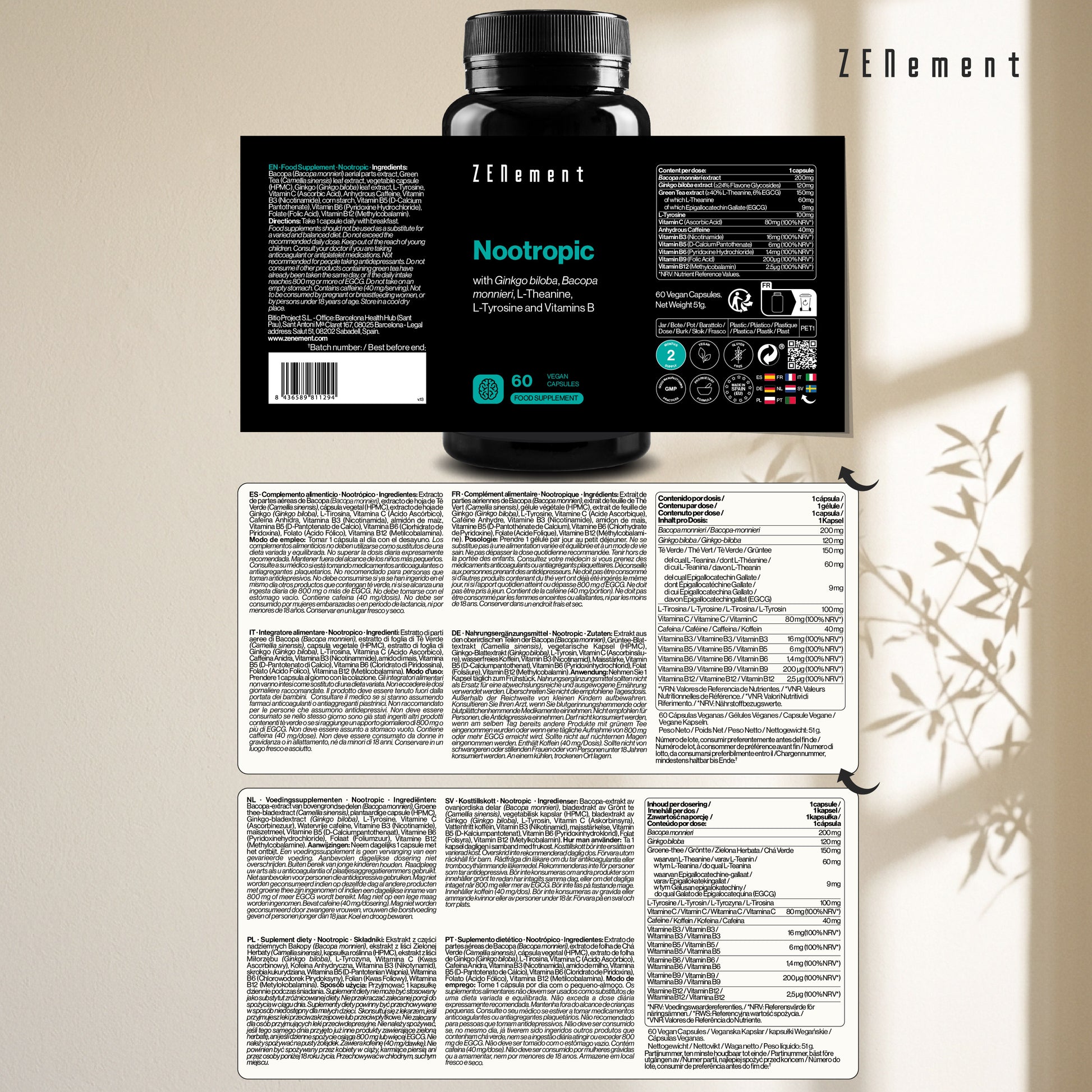 Nootropico con Ginkgo biloba, Bacopa monnieri, L-Teanina, L-Tirosina e Vitamine B