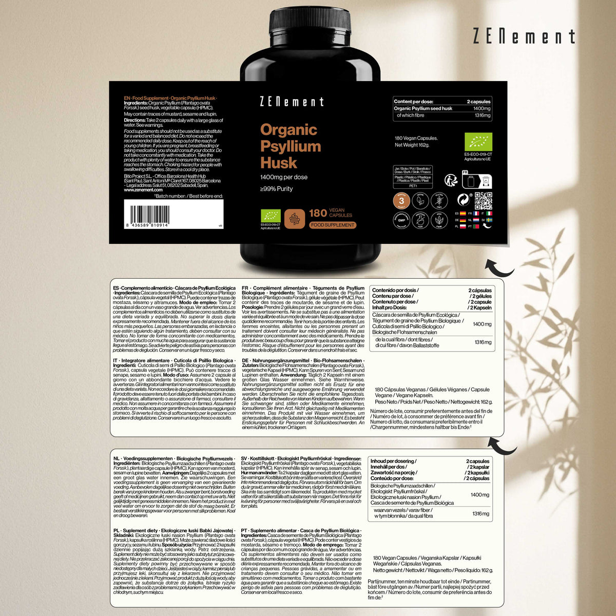 Organic Psyllium Husk 1400mg, ≥99% Purity